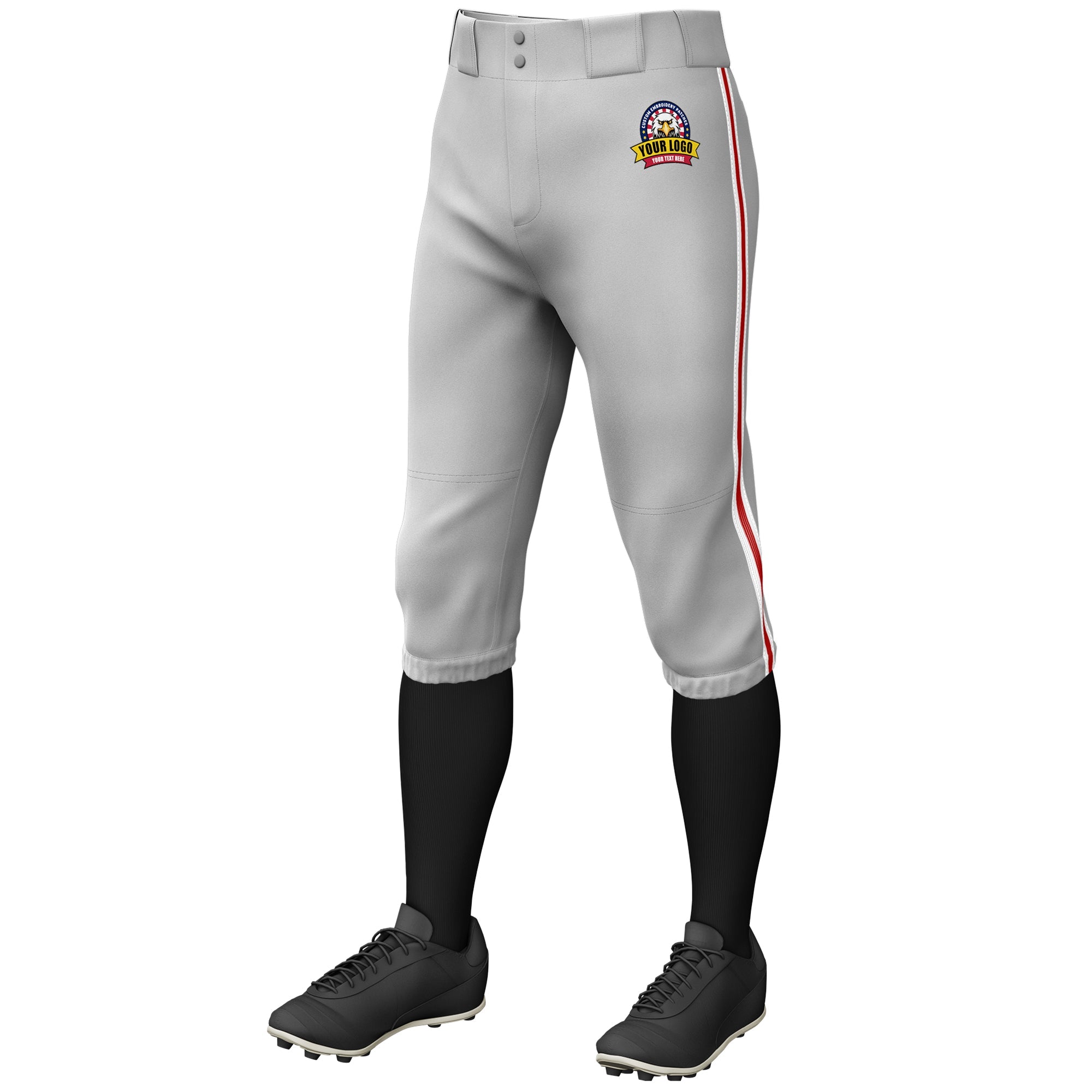 Custom Gray White Red-White Classic Fit Stretch Practice Knickers Baseball Pants