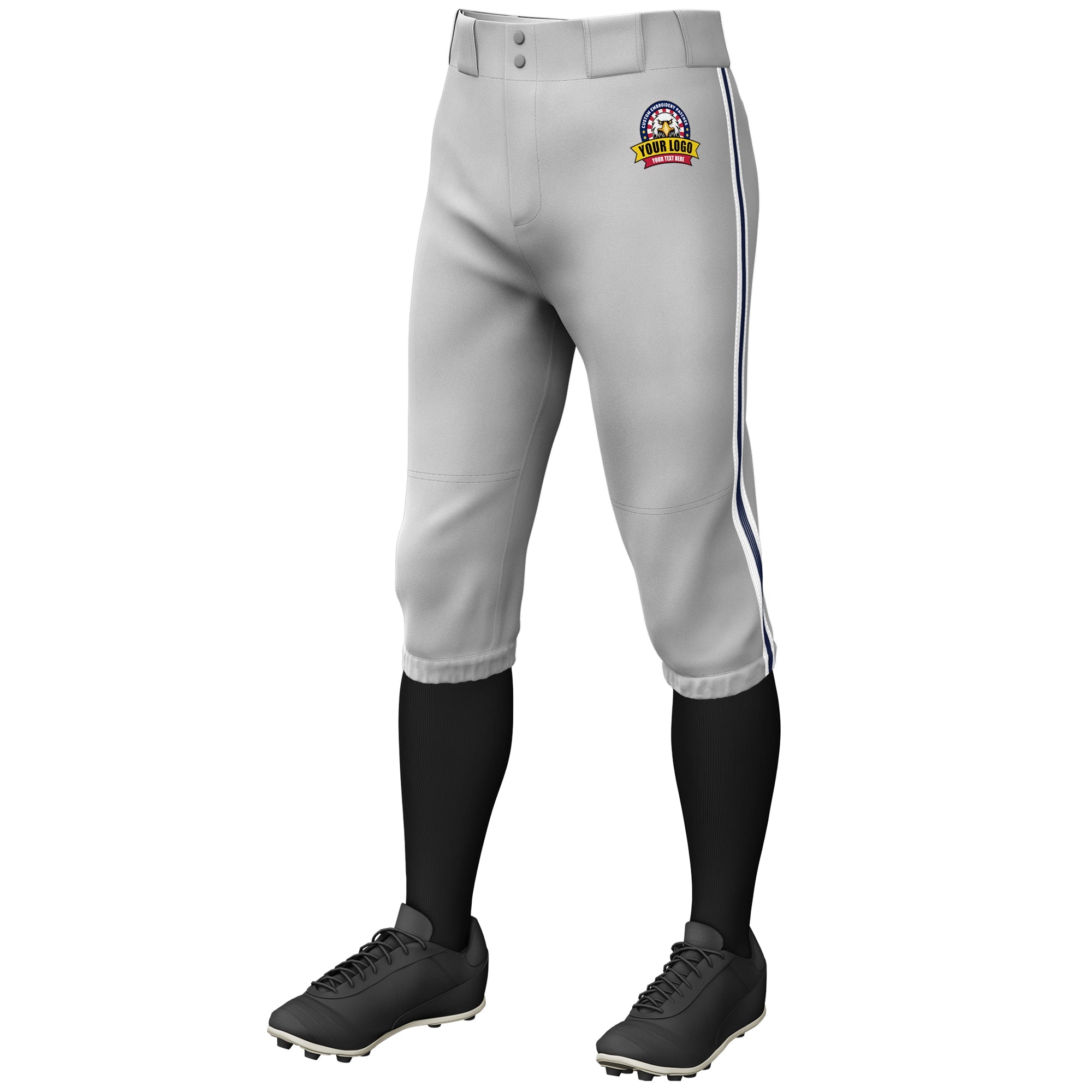 Custom Gray White Navy-White Classic Fit Stretch Practice Knickers Baseball Pants