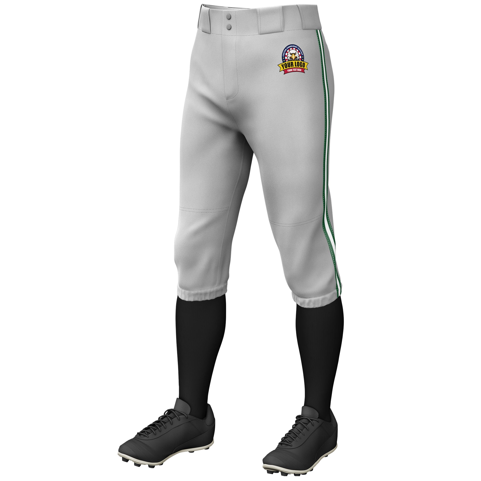 Custom Gray Green White-Green Classic Fit Stretch Practice Knickers Baseball Pants