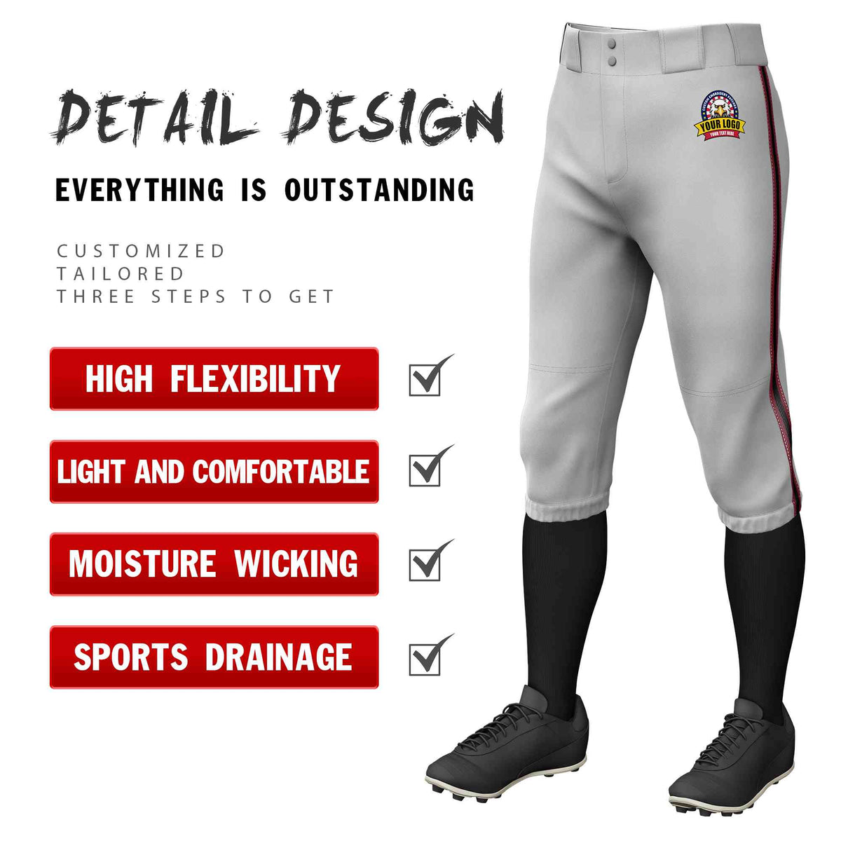 Custom Gray Crimson Black-Crimson Classic Fit Stretch Practice Knickers Baseball Pants