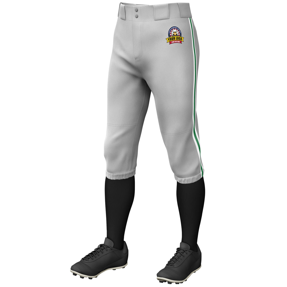 Custom Gray White Kelly Green-White Classic Fit Stretch Practice Knickers Baseball Pants