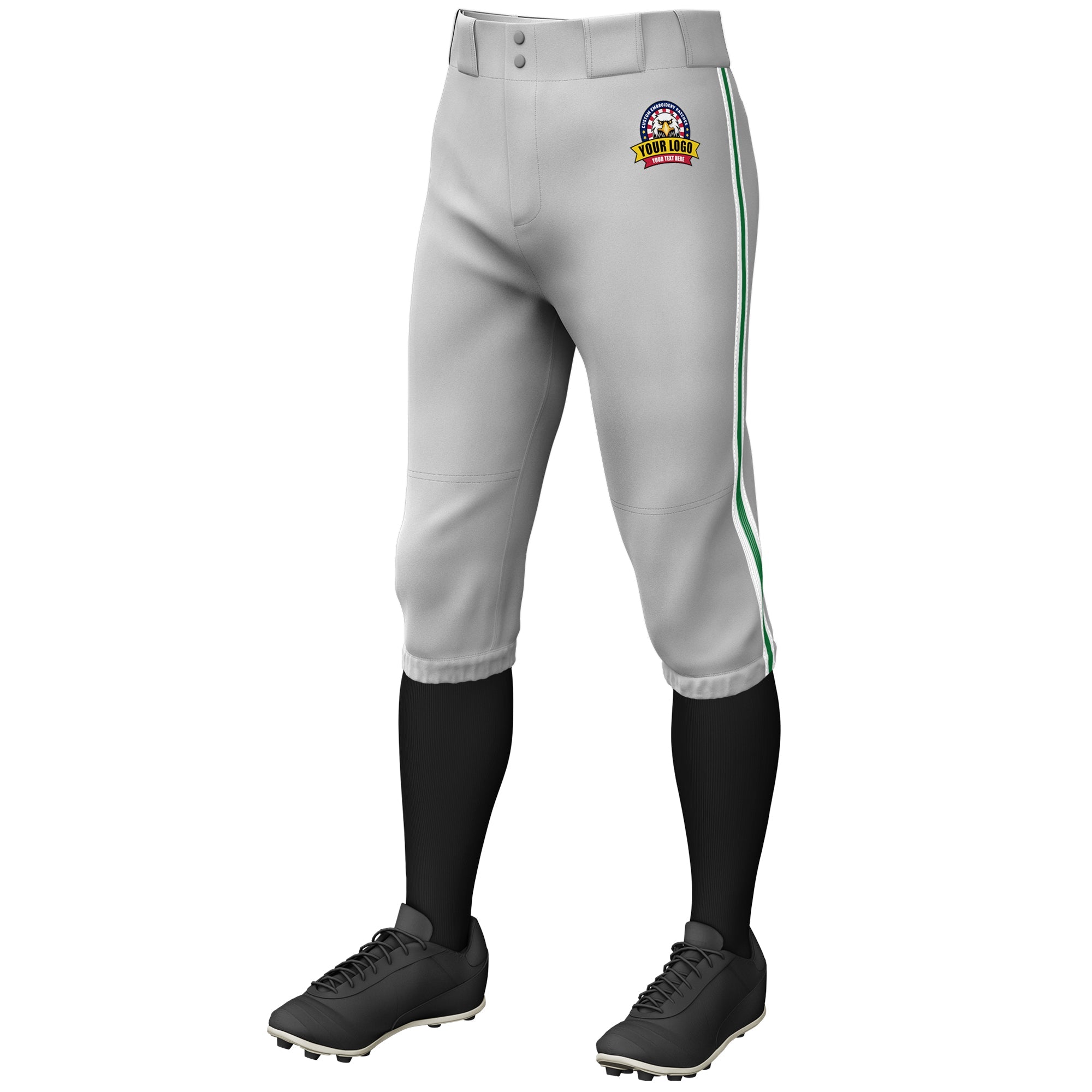 Custom Gray White Kelly Green-White Classic Fit Stretch Practice Knickers Baseball Pants