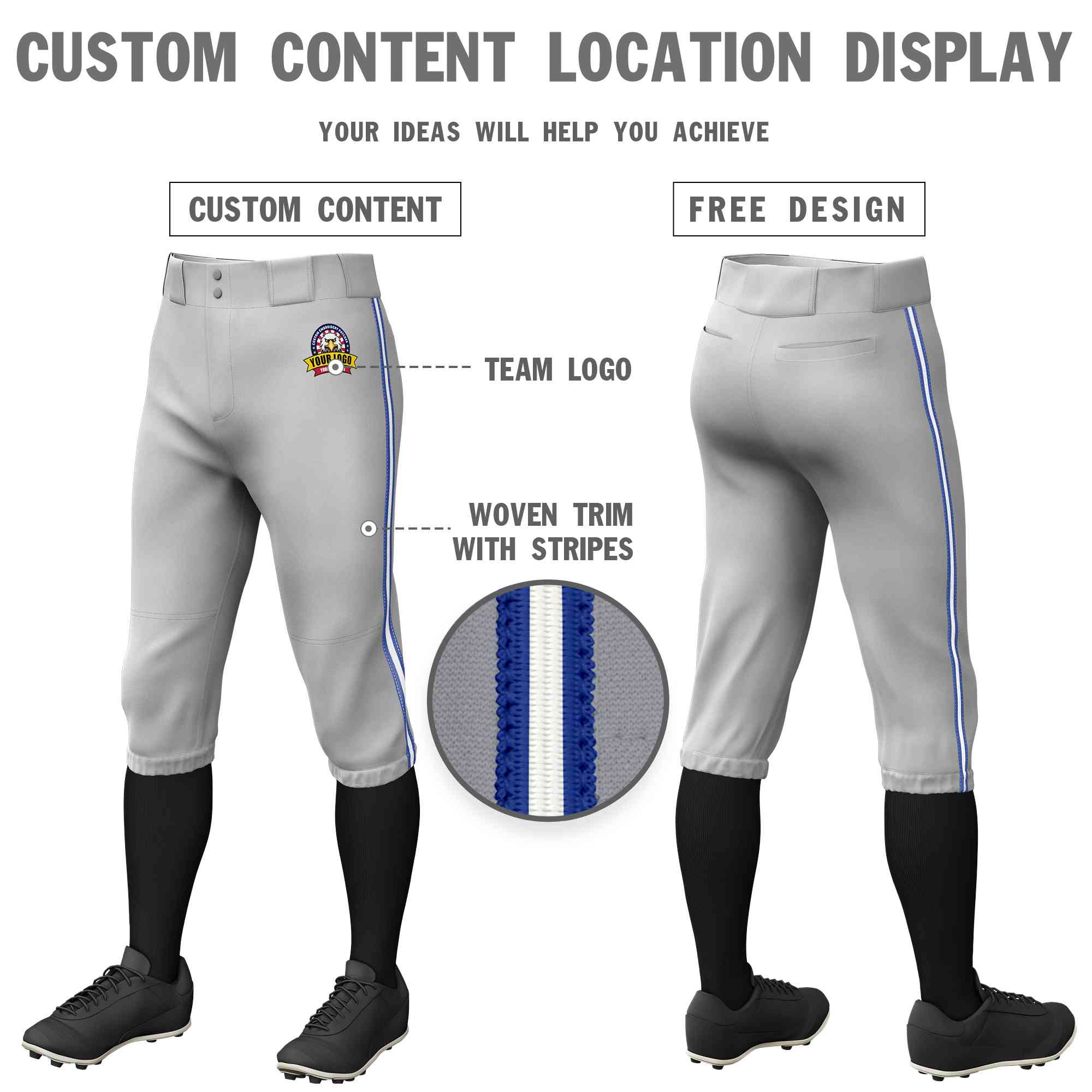 Custom Gray Royal White-Royal Classic Fit Stretch Practice Knickers Baseball Pants