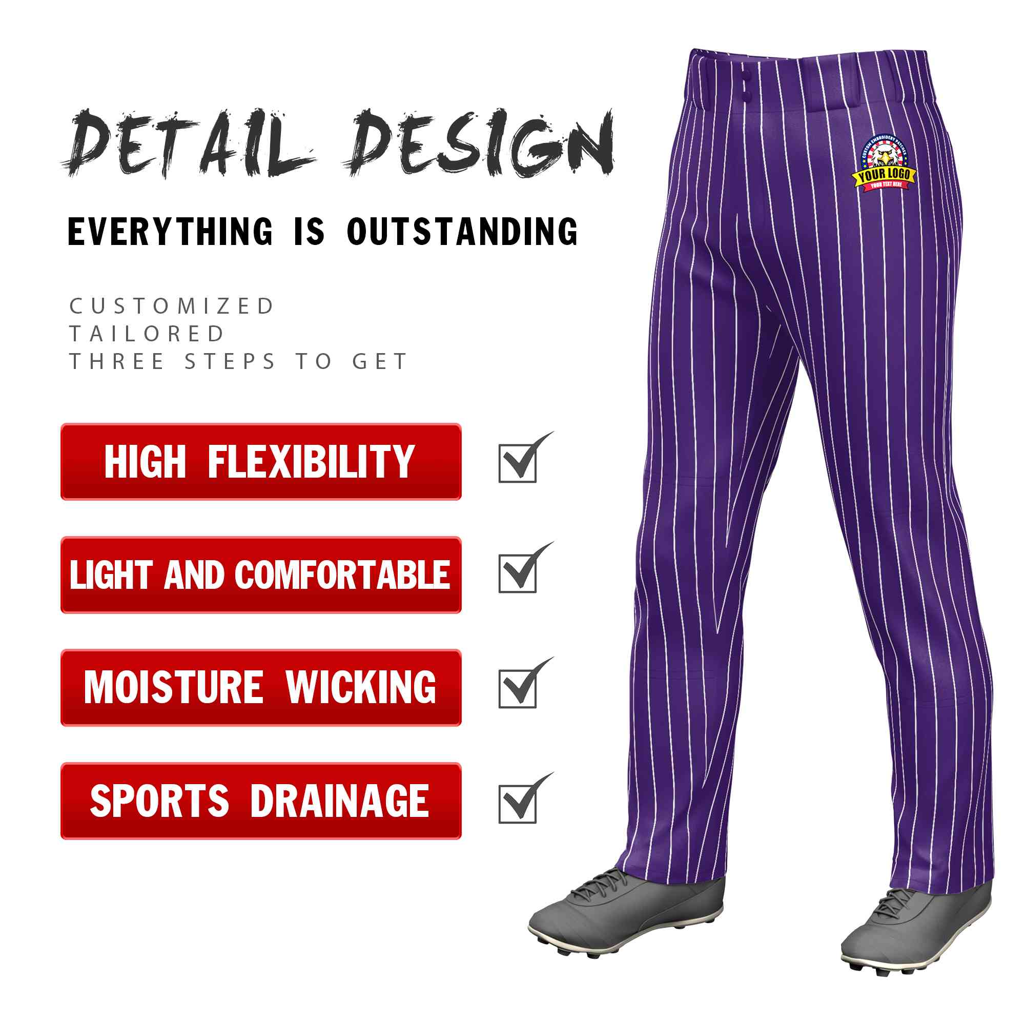 Custom Purple White Pinstripe Fit Stretch Practice Loose-fit Baseball Pants