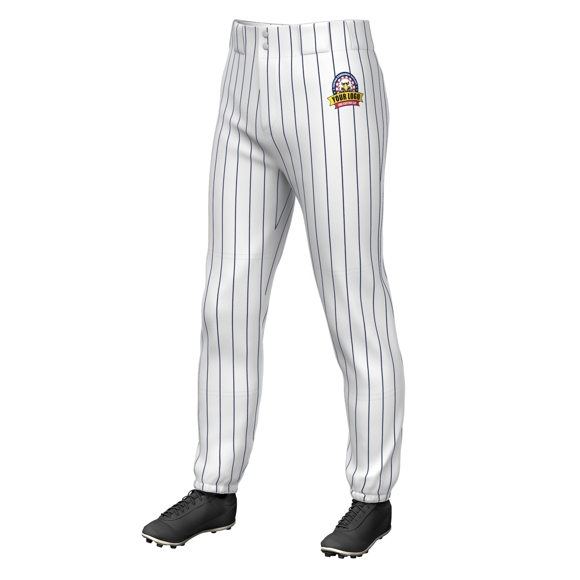 Custom White Navy Pinstripe Fit Stretch Practice Pull-up Baseball Pants