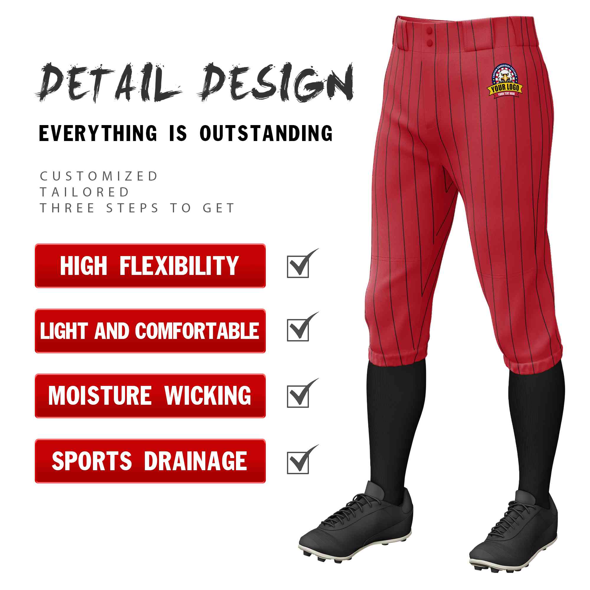 Custom Red Black Pinstripe Fit Stretch Practice Knickers Baseball Pants