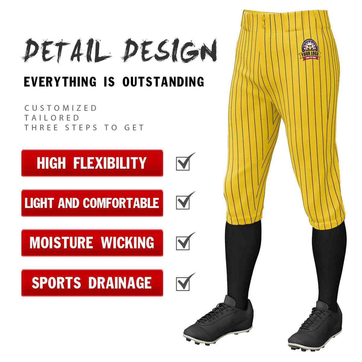 Custom Gold Black Pinstripe Fit Stretch Practice Knickers Baseball Pants