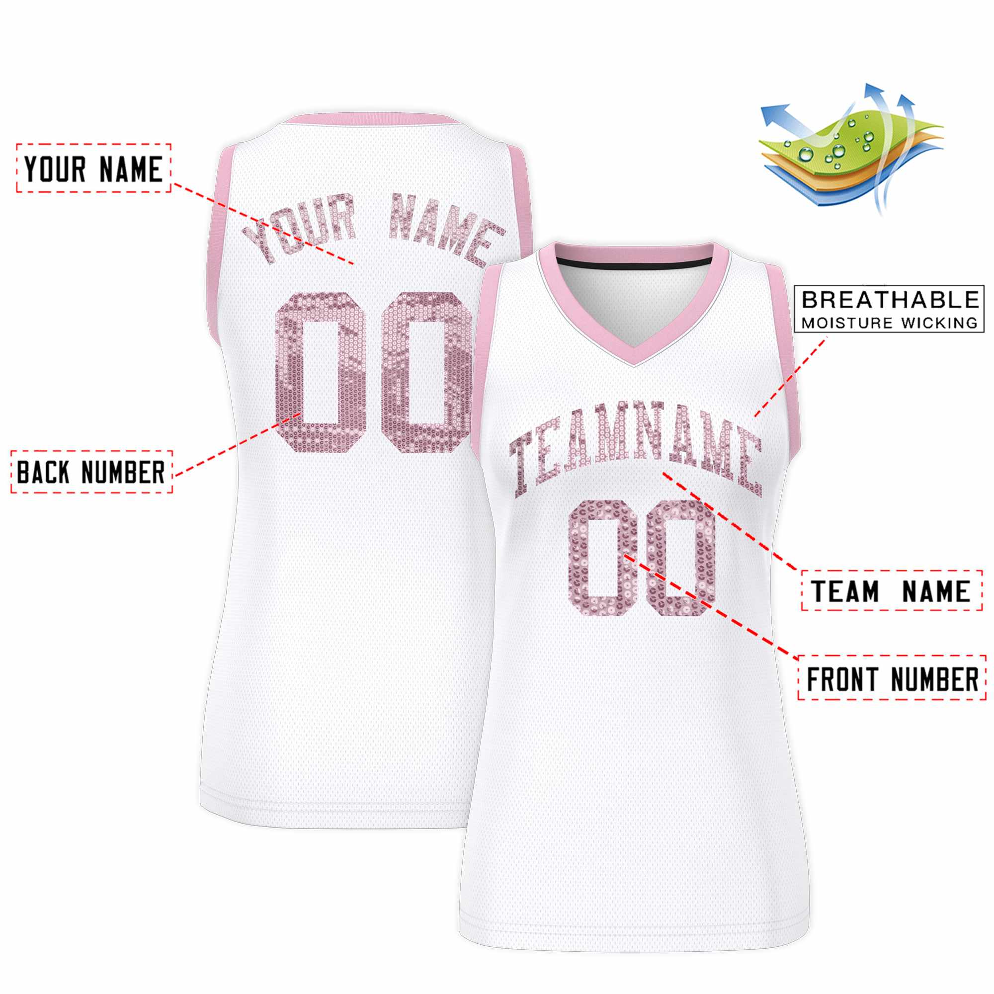 Custom White Light Pink Women Basketball Jersey Sequined Dress|KXKSHOP