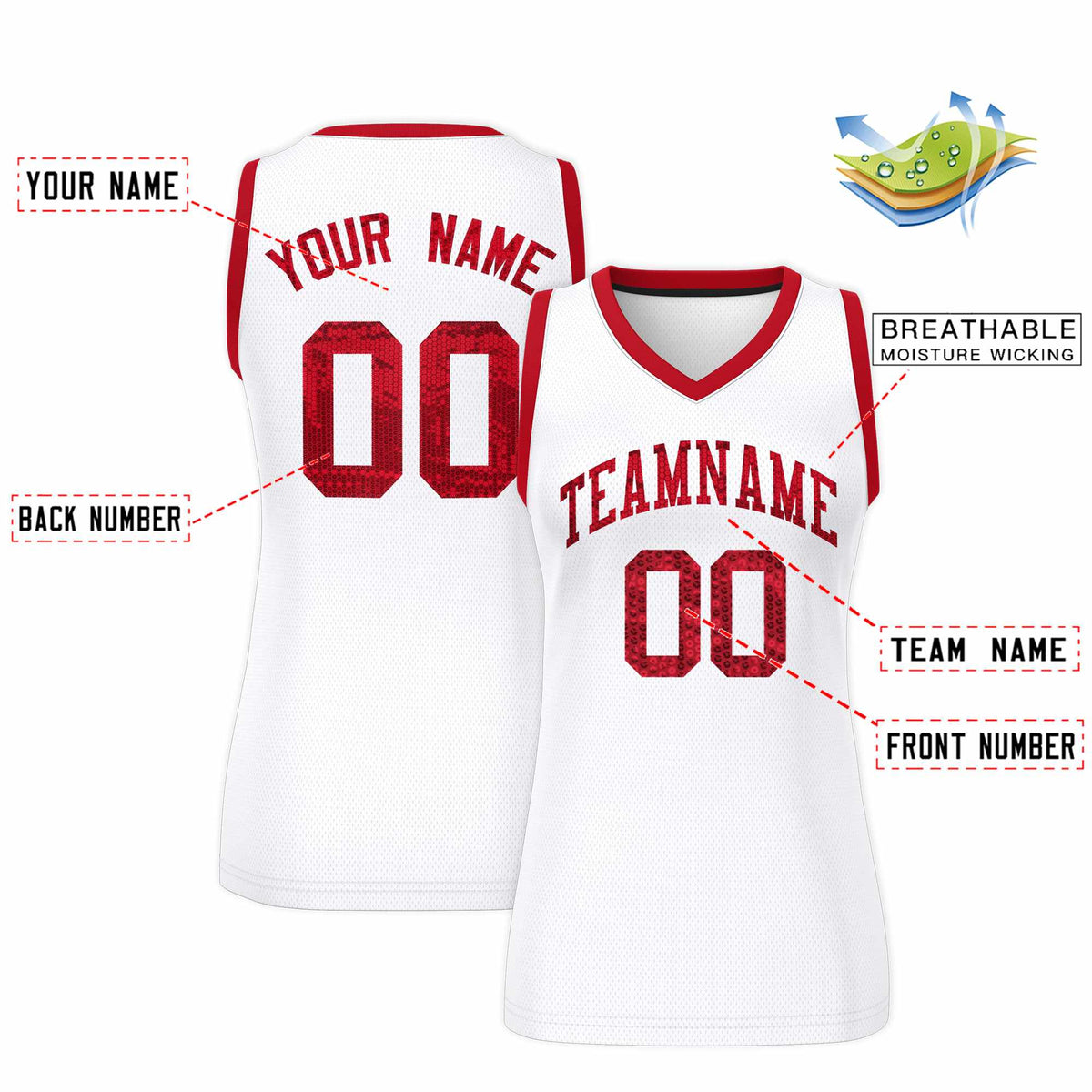 Custom White Red Women Basketball Jersey Sequined Dress|KXKSHOP