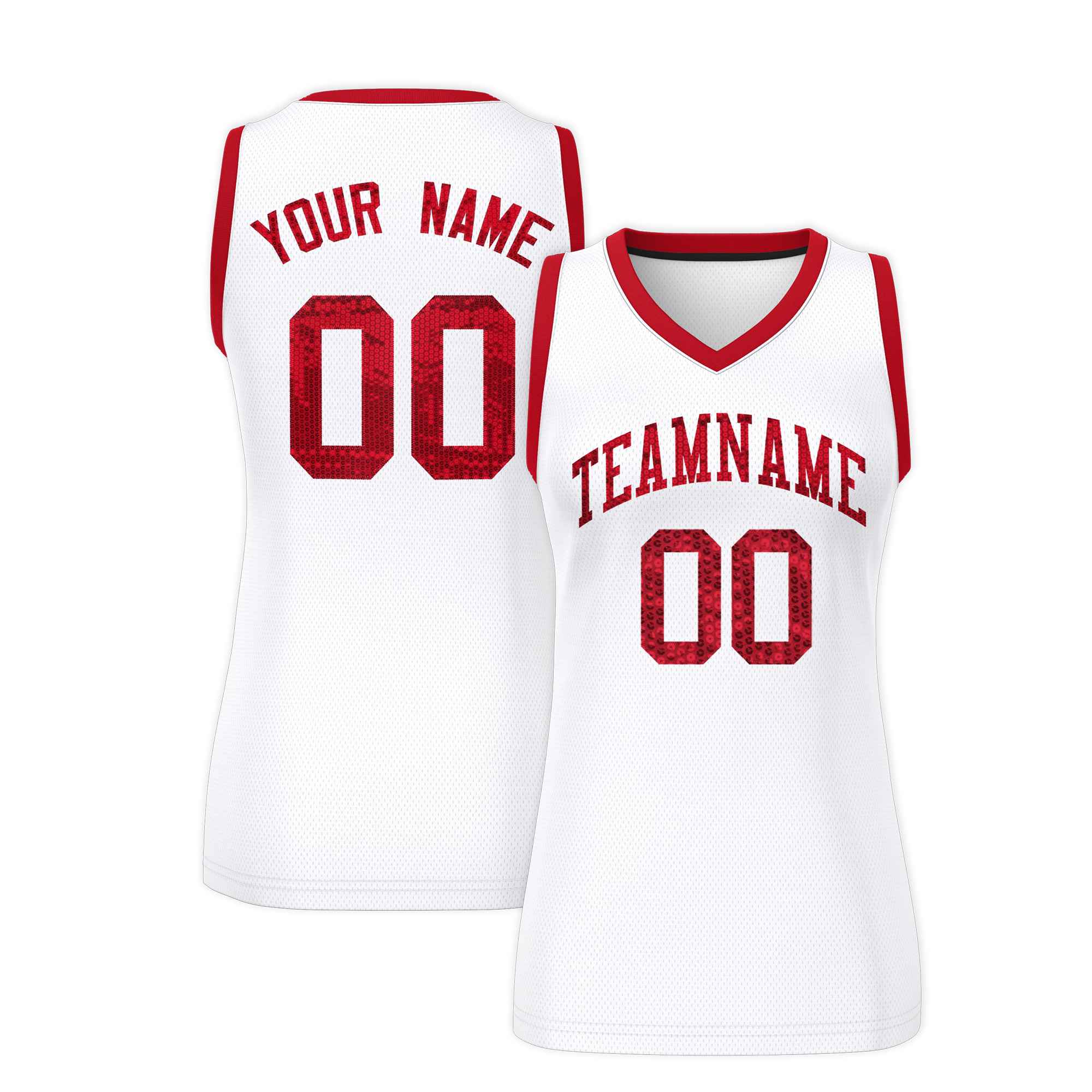 Custom White Red Women Basketball Jersey Sequined Dress|KXKSHOP