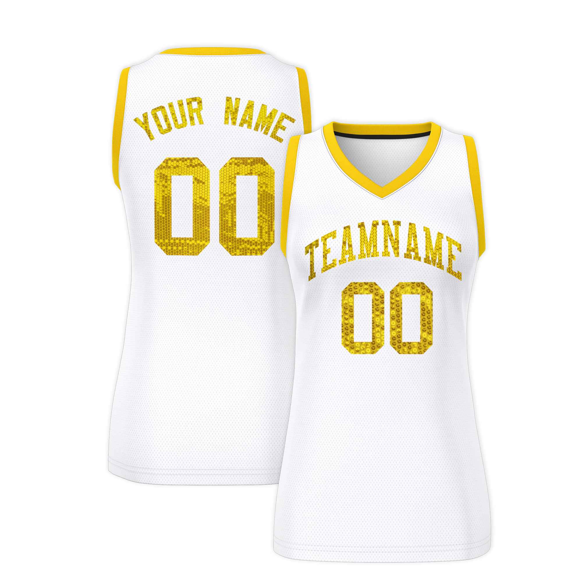 Custom White Gold Women Basketball Jersey Sequined Dress|KXKSHOP