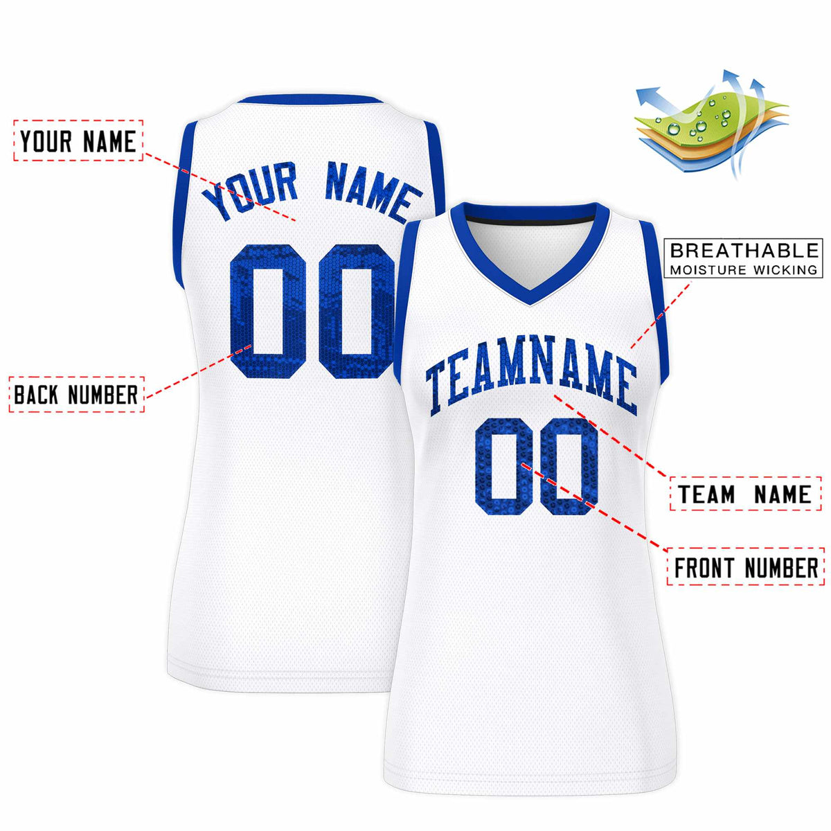 Custom White Royal Women Basketball Jersey Sequined Dress|KXKSHOP