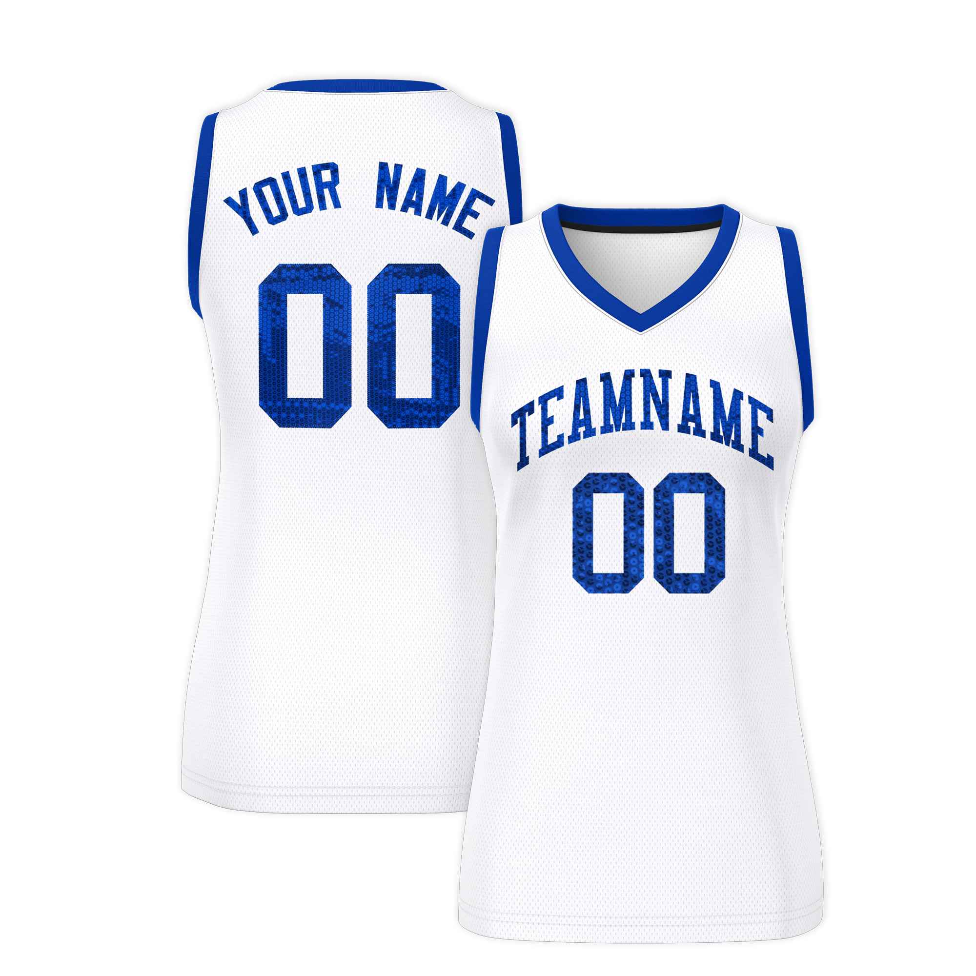 Custom White Royal Women Basketball Jersey Sequined Dress|KXKSHOP
