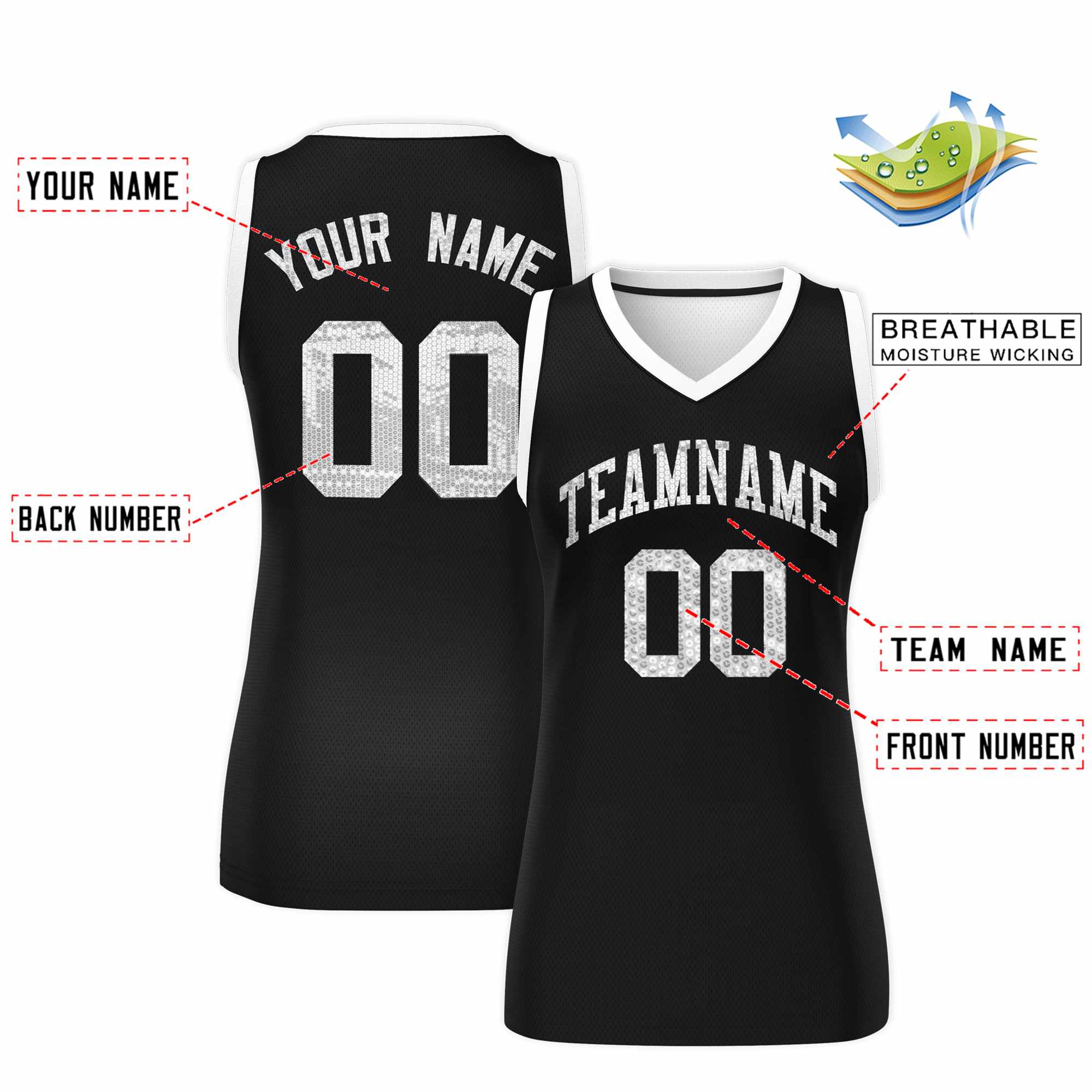 Custom Black White Women Basketball Jersey Sequined Dress|KXKSHOP
