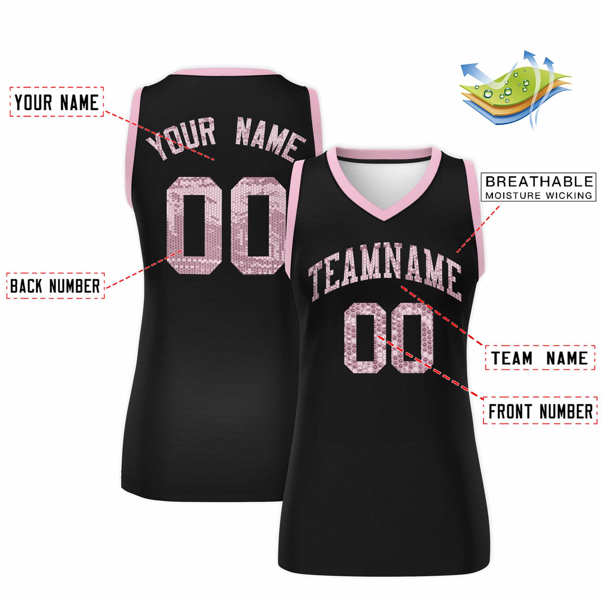 Custom Black Light Pink Women Basketball Jersey Sequined Dress|KXKSHOP