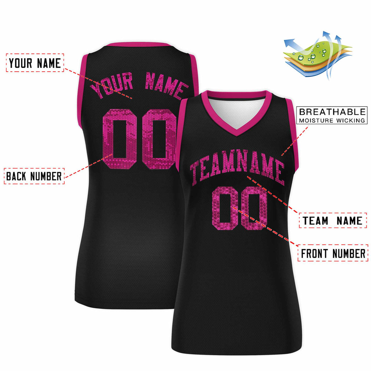 Custom Black Pink Women Basketball Jersey Sequined Dress|KXKSHOP