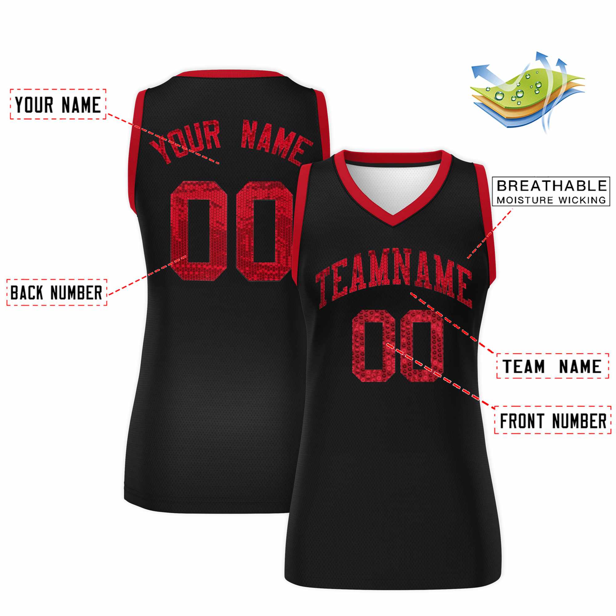 Custom Black Red Women Basketball Jersey Sequined Dress|KXKSHOP