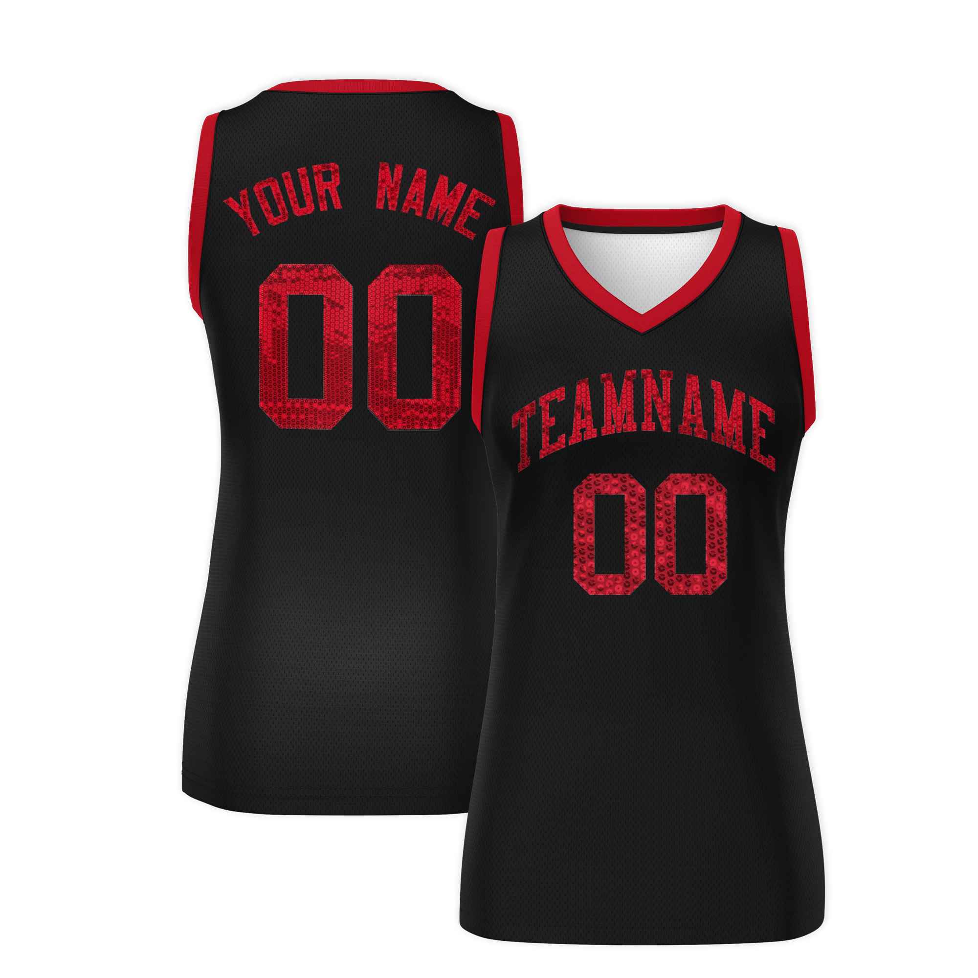 Custom Black Red Women Basketball Jersey Sequined Dress|KXKSHOP