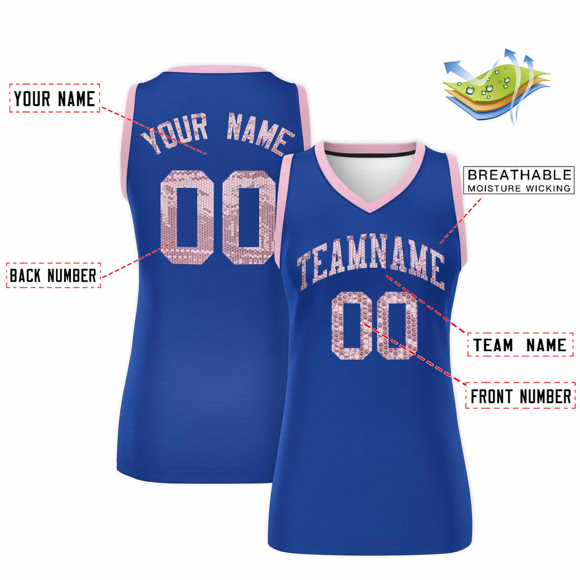 Custom Royal Light Pink Women Basketball Jersey Sequined Dress|KXKSHOP