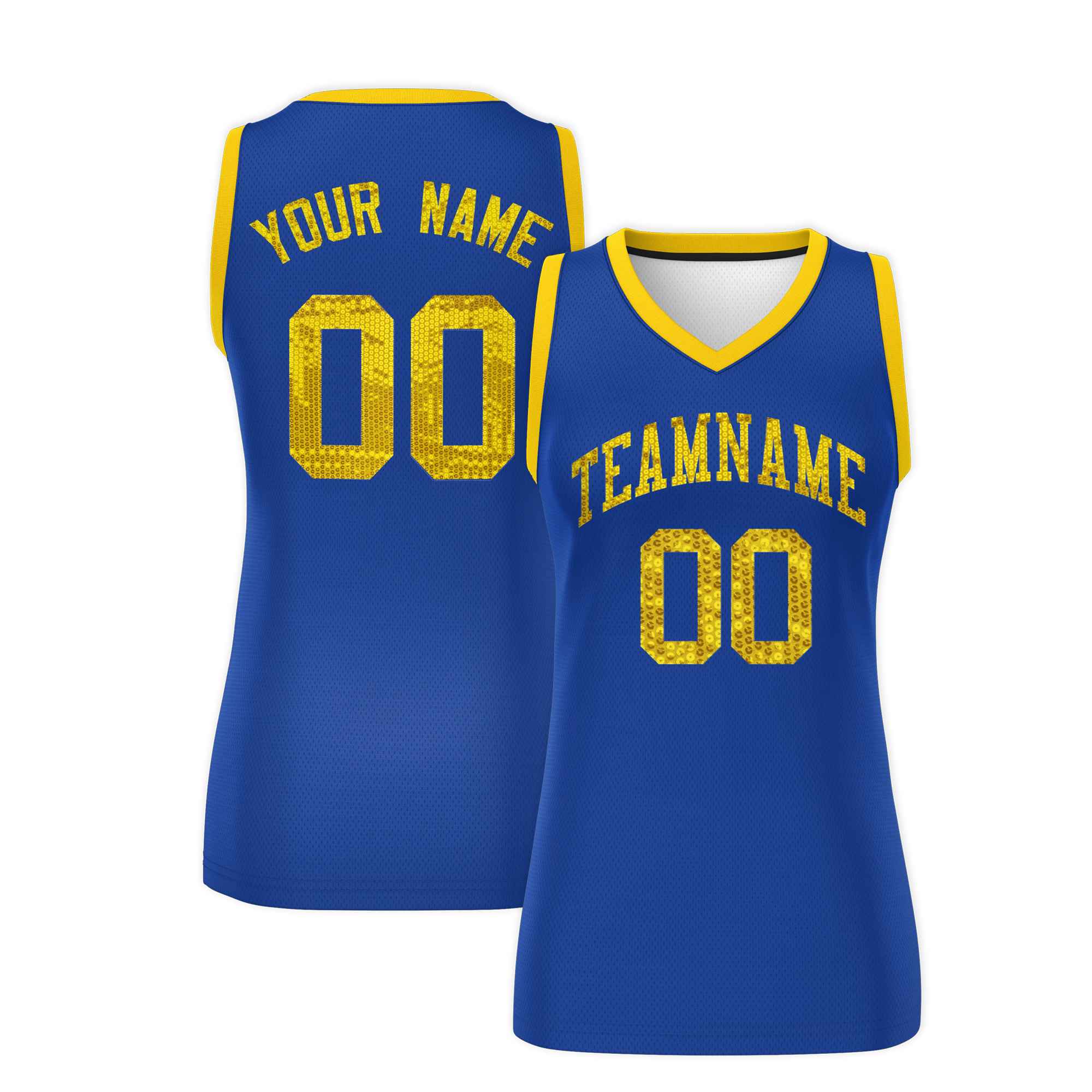 Custom Royal Gold Women Basketball Jersey Sequined Dress|KXKSHOP