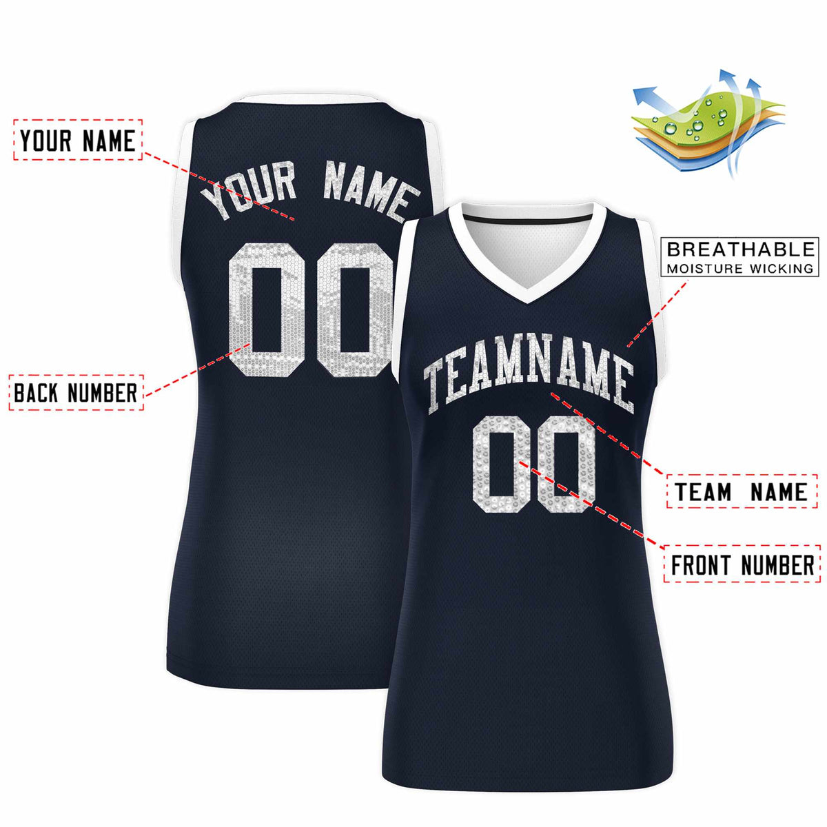 Custom Navy White Women Basketball Jersey Sequined Dress|KXKSHOP