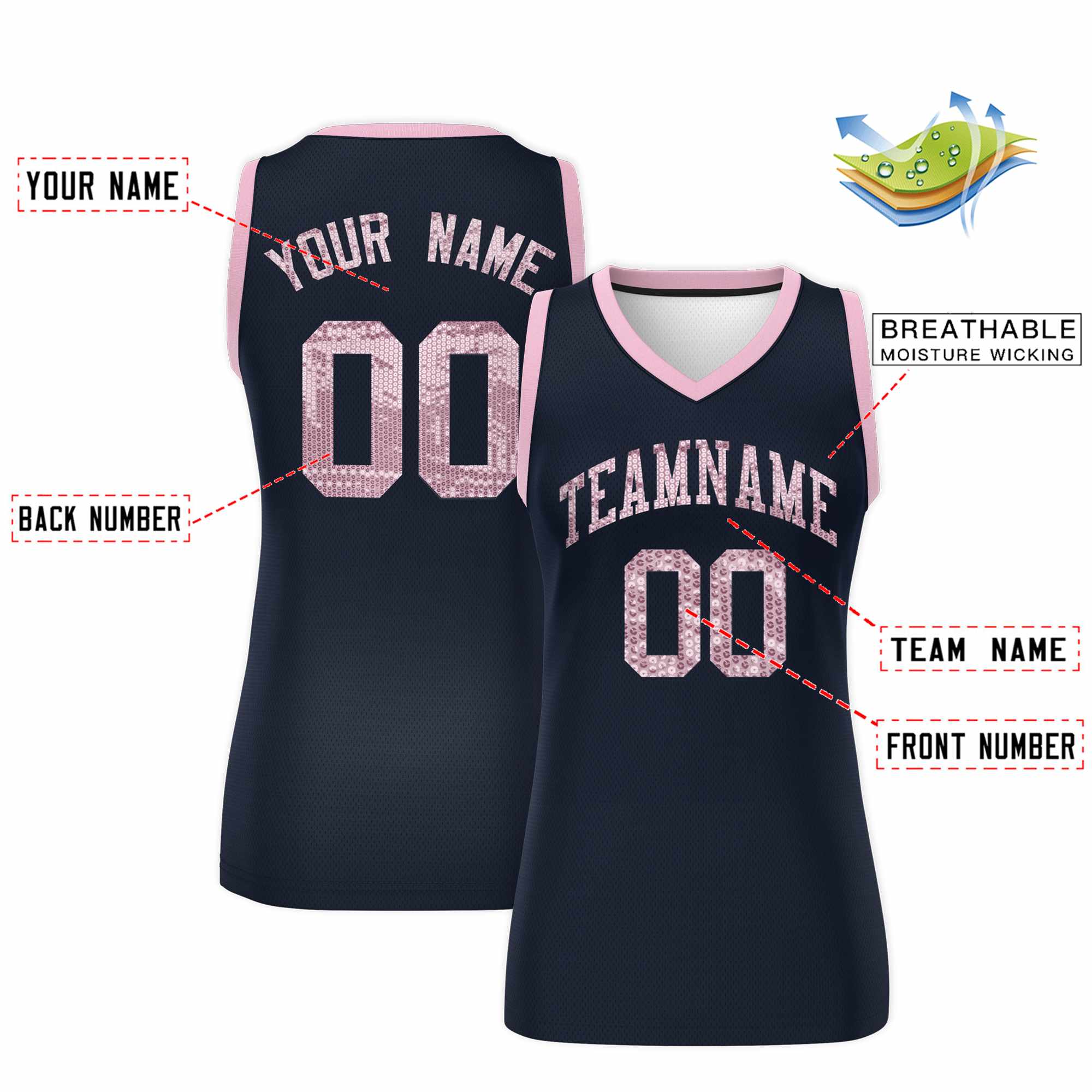 Custom Navy Light Pink Women Basketball Jersey Sequined Dress|KXKSHOP