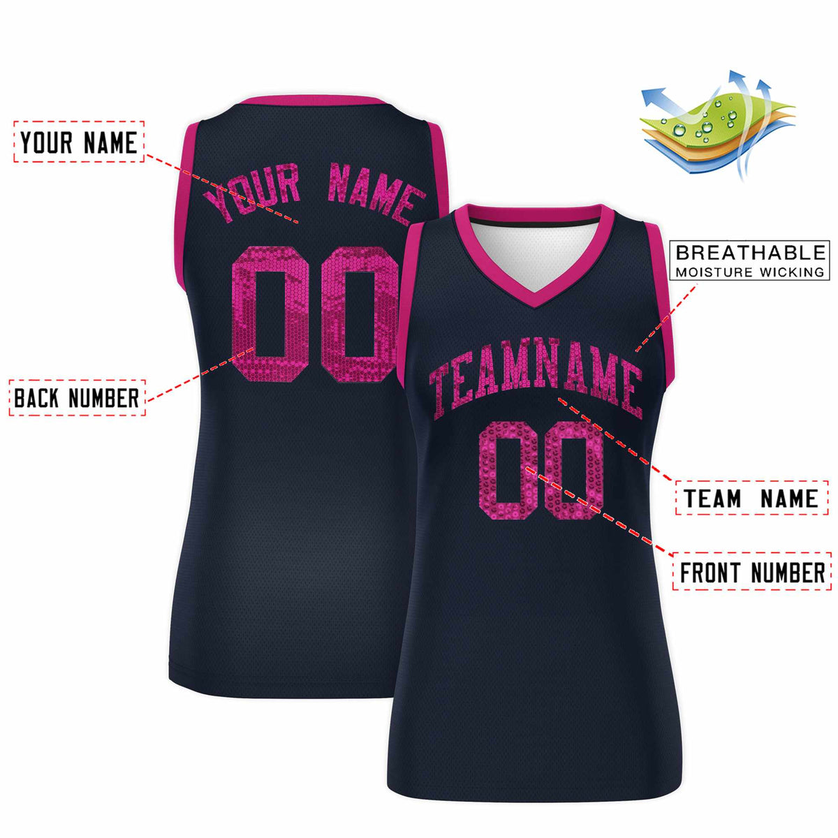 Custom Navy Pink Women Basketball Jersey Sequined Dress|KXKSHOP