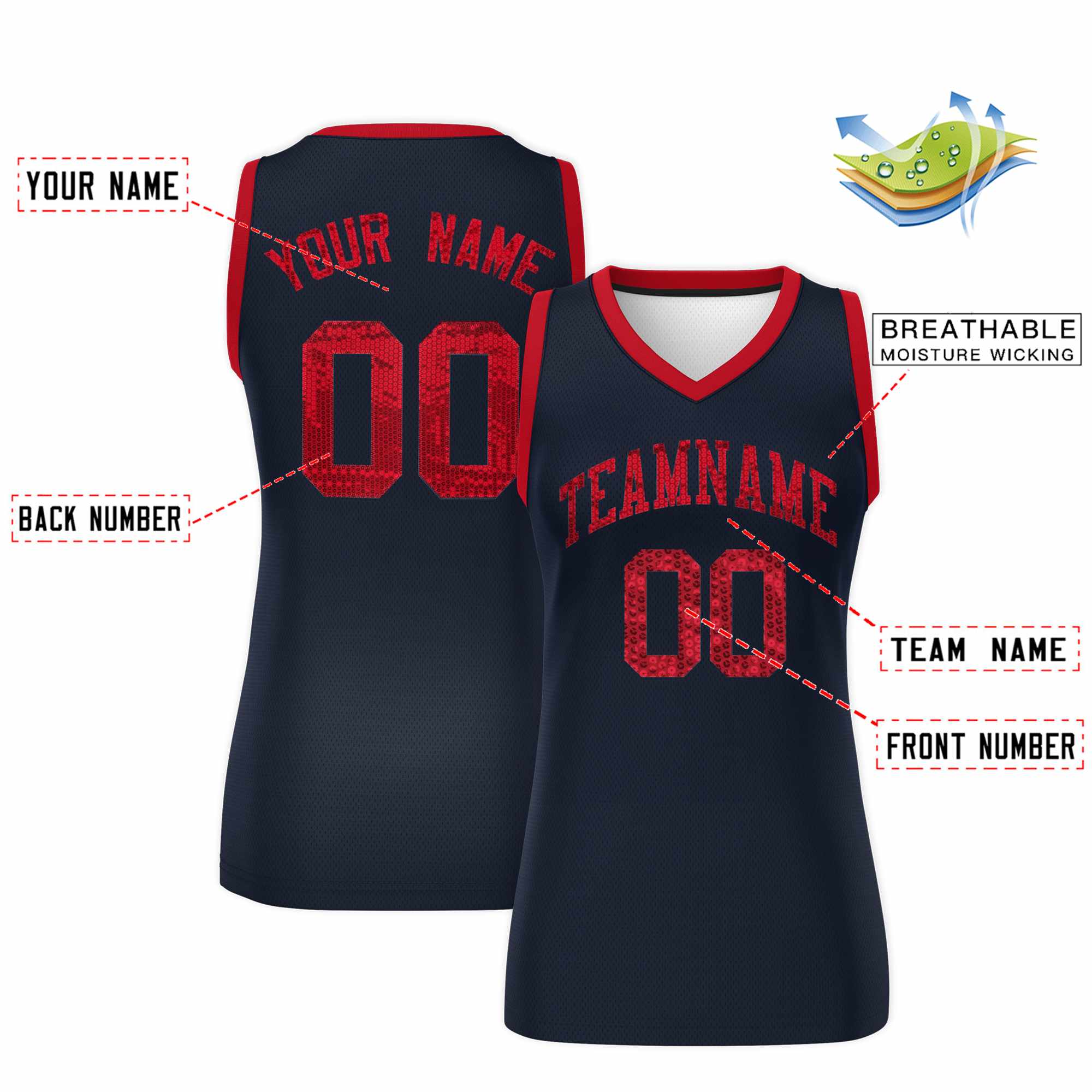 Custom Navy Red Women Basketball Jersey Sequined Dress|KXKSHOP