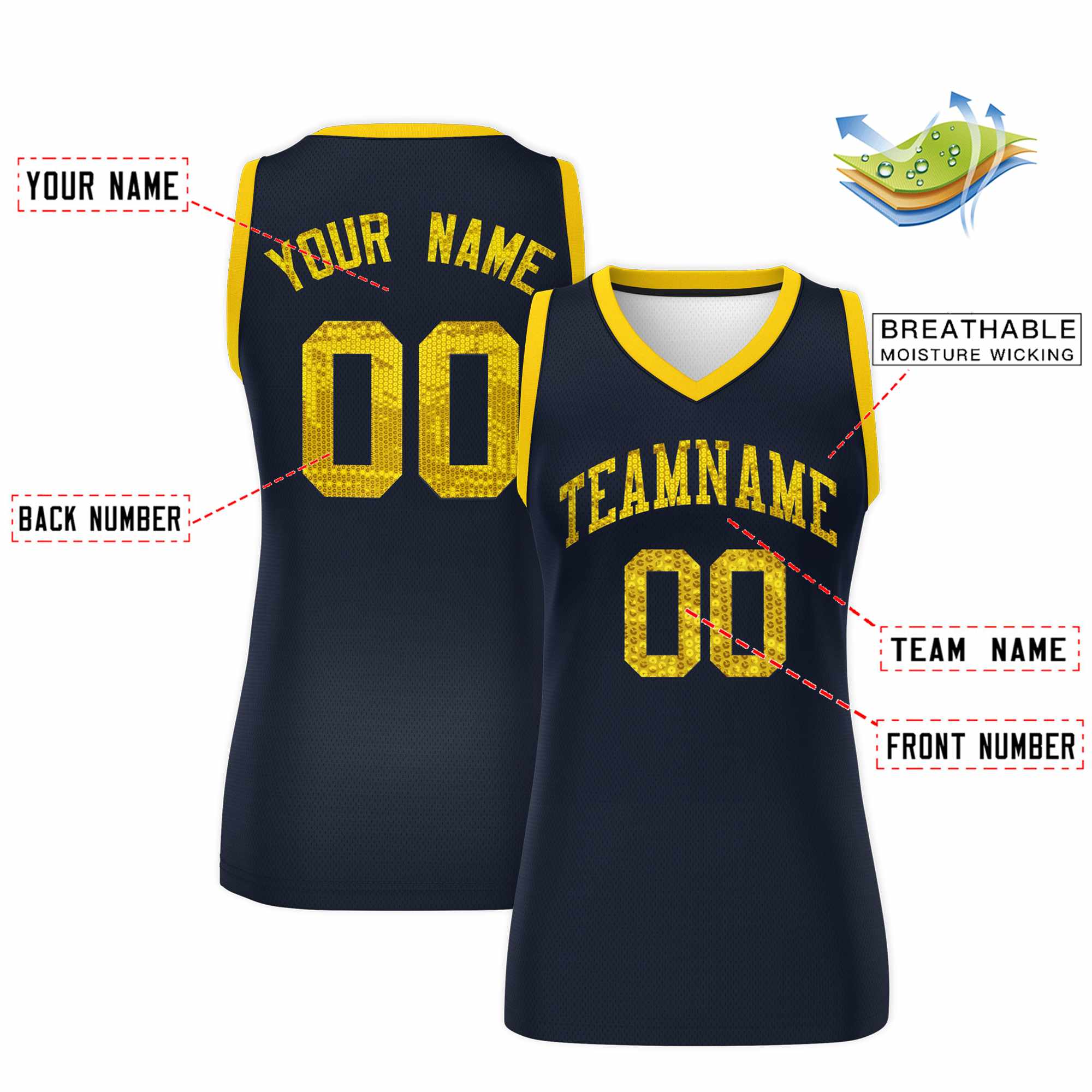 Custom Navy Gold Women Basketball Jersey Sequined Dress|KXKSHOP