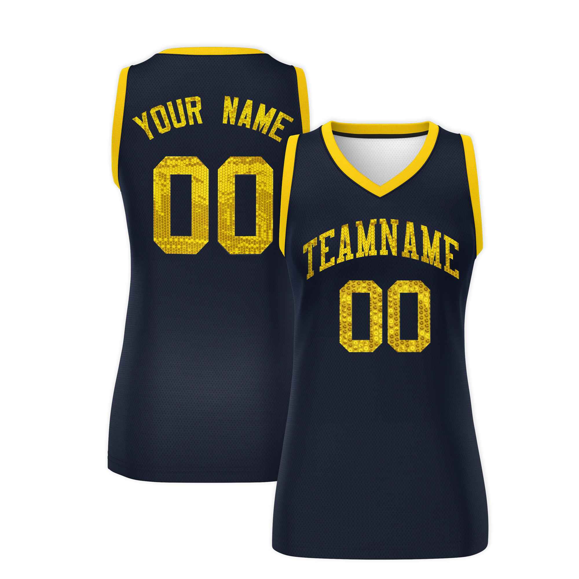 Custom Navy Gold Women Basketball Jersey Sequined Dress|KXKSHOP