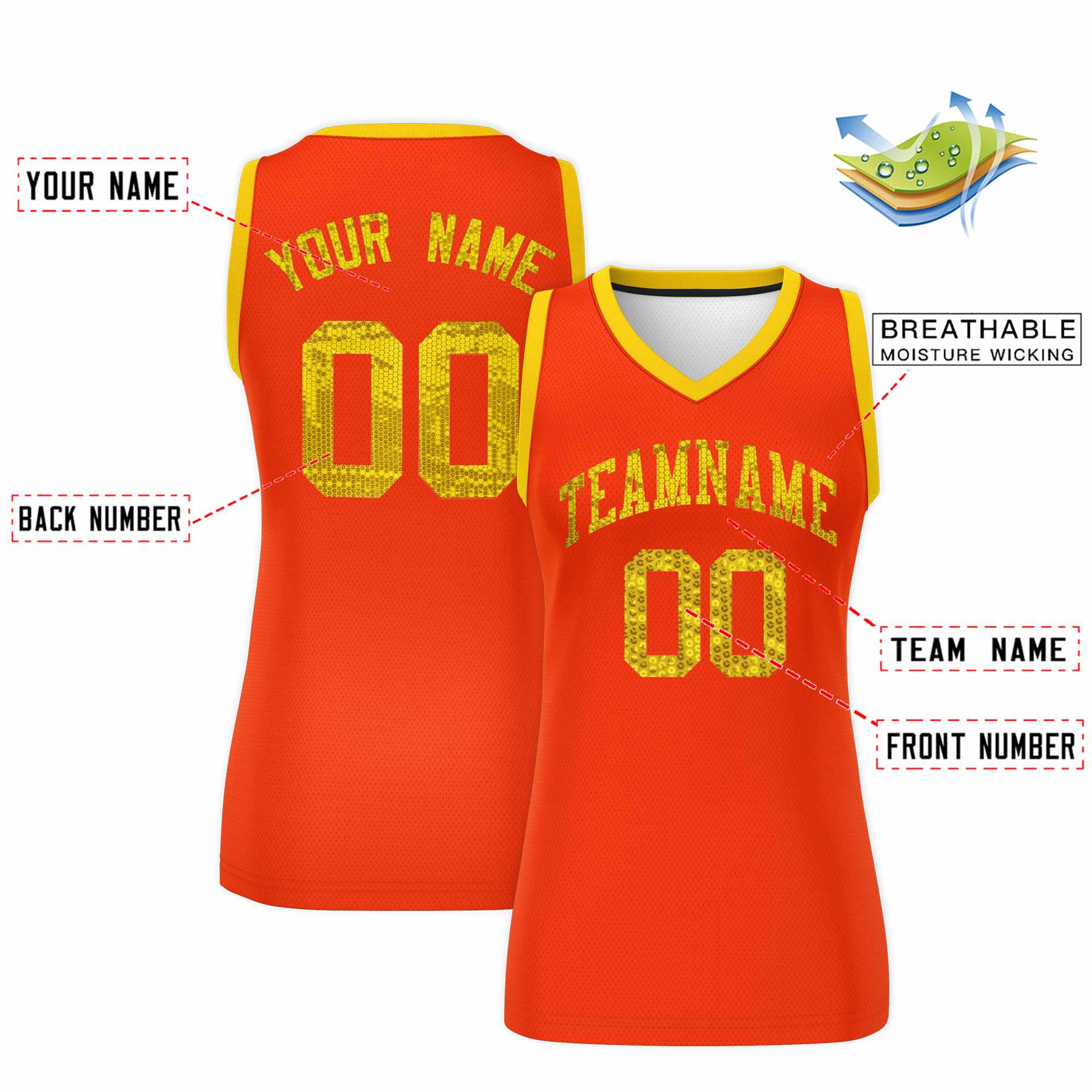 Custom Orange Gold Women Basketball Jersey Sequined Dress|KXKSHOP