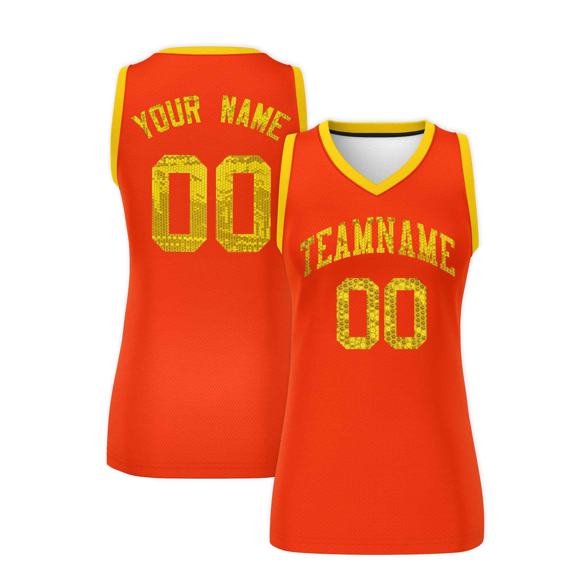 Custom Orange Gold Women Basketball Jersey Sequined Dress|KXKSHOP