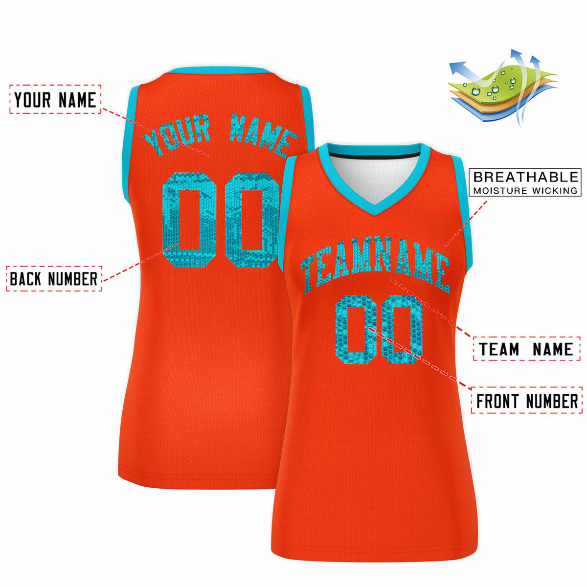Custom Orange Sky Blue Women Basketball Jersey Sequined Dress|KXKSHOP