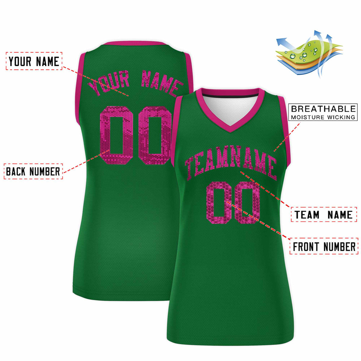 Custom Kelly Green Pink Women Basketball Jersey Sequined Dress|KXKSHOP