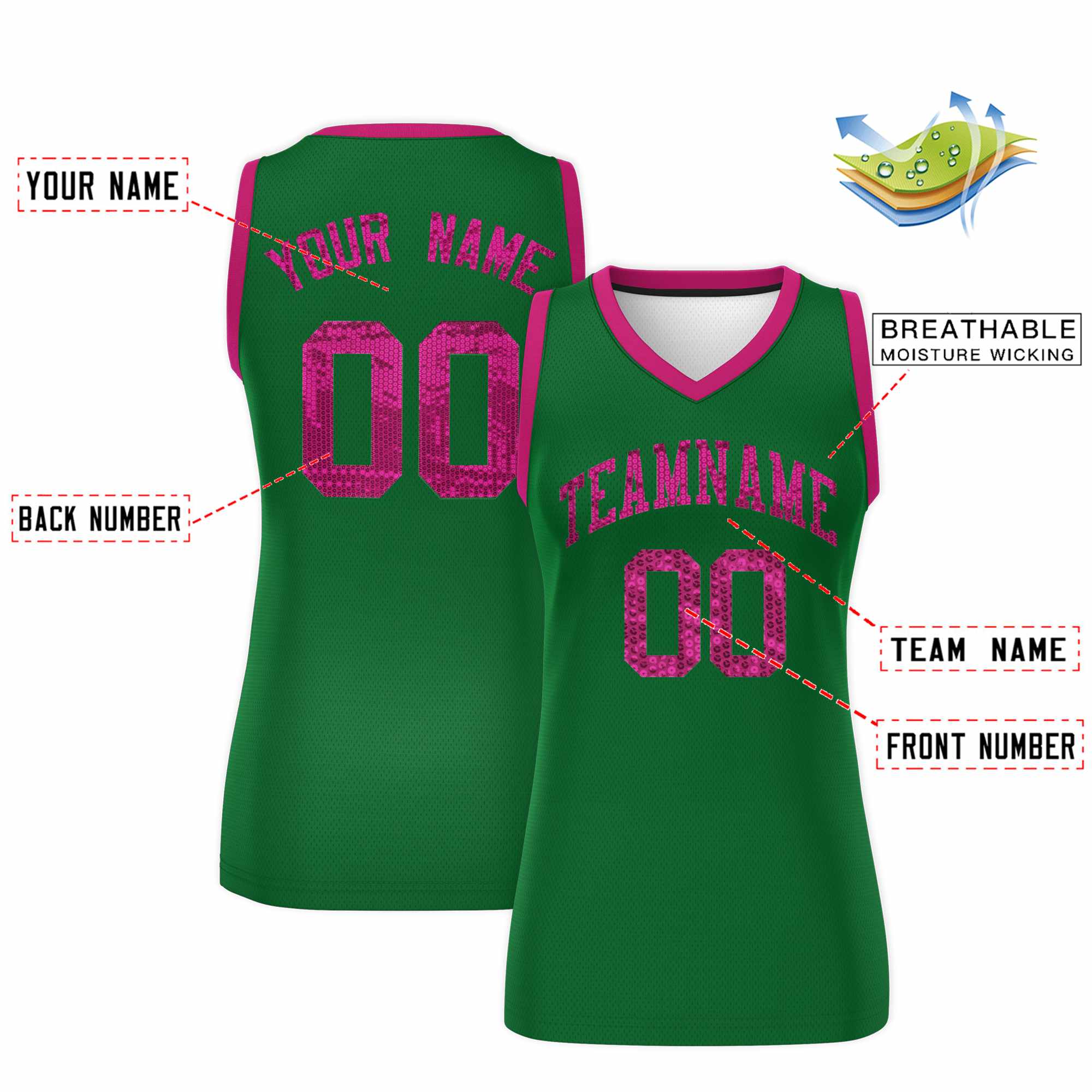 Custom Kelly Green Pink Women Basketball Jersey Sequined Dress|KXKSHOP