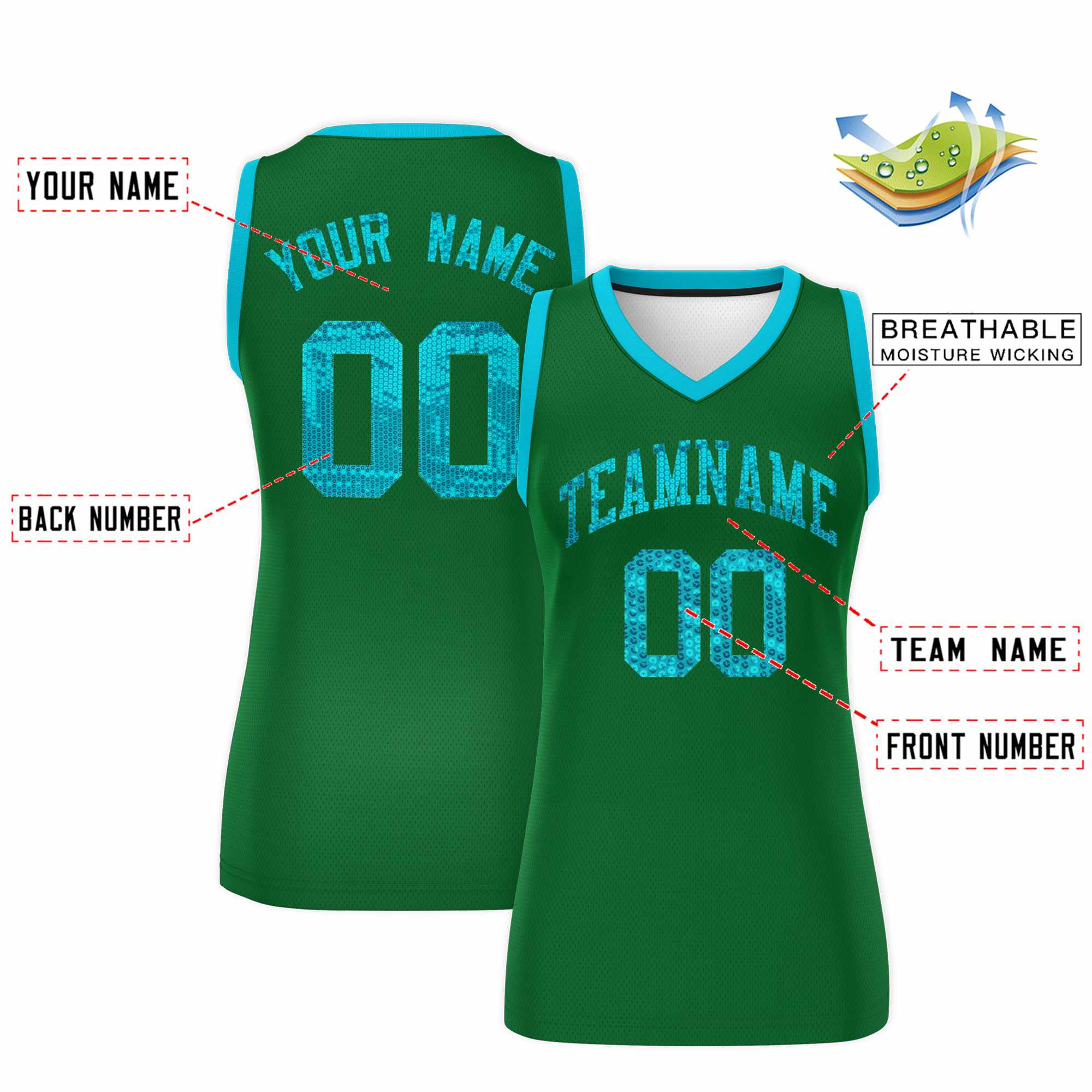 Custom Kelly Green Sky Blue Women Basketball Jersey Sequined Dress|KXKSHOP