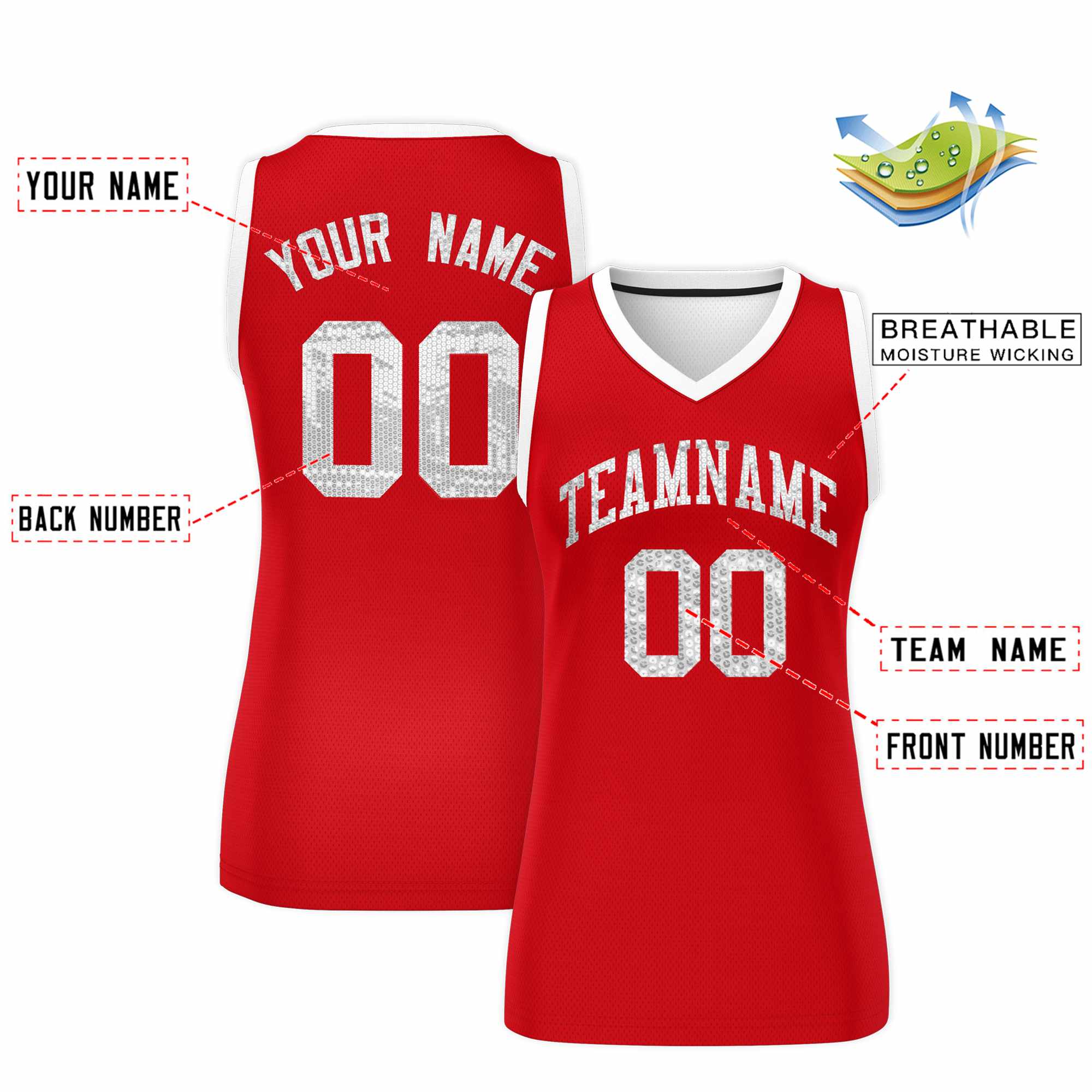 Custom Red White Women Basketball Jersey Sequined Dress|KXKSHOP