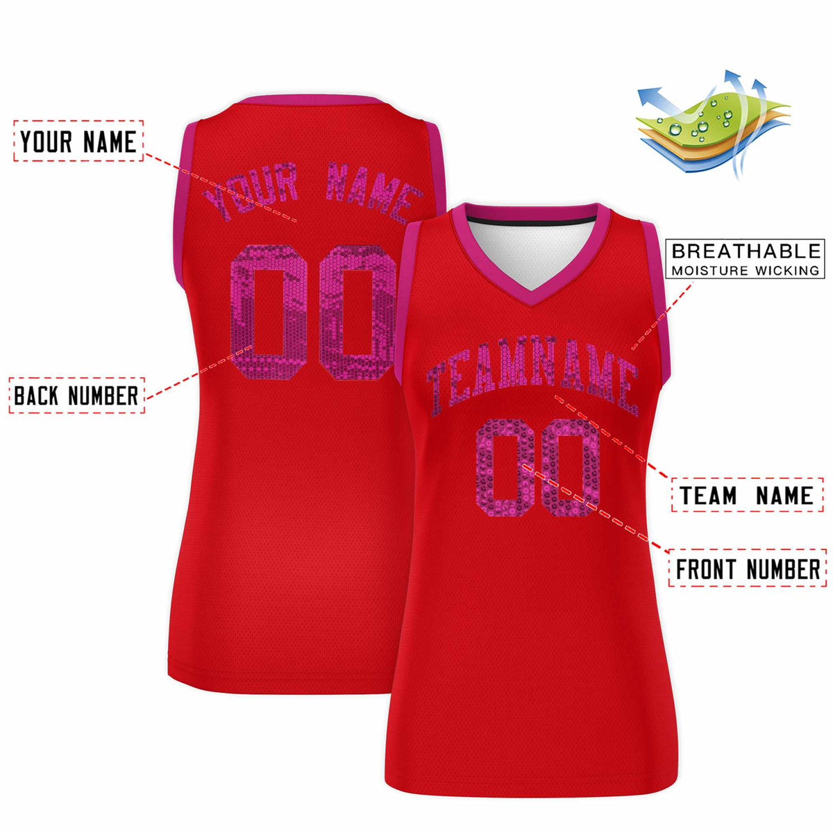 Custom Red Pink Women Basketball Jersey Sequined Dress|KXKSHOP