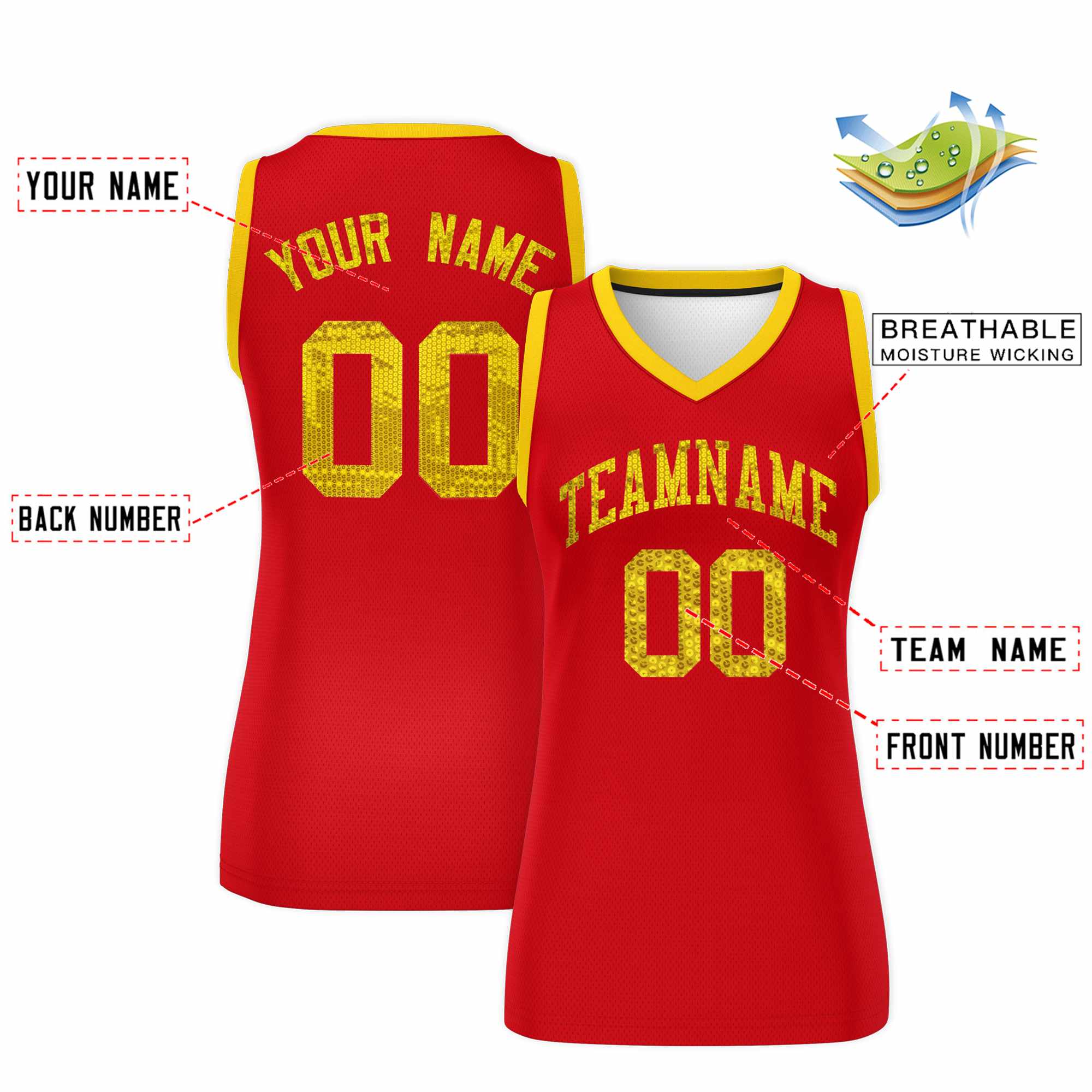 Custom Red Gold Women Basketball Jersey Sequined Dress|KXKSHOP