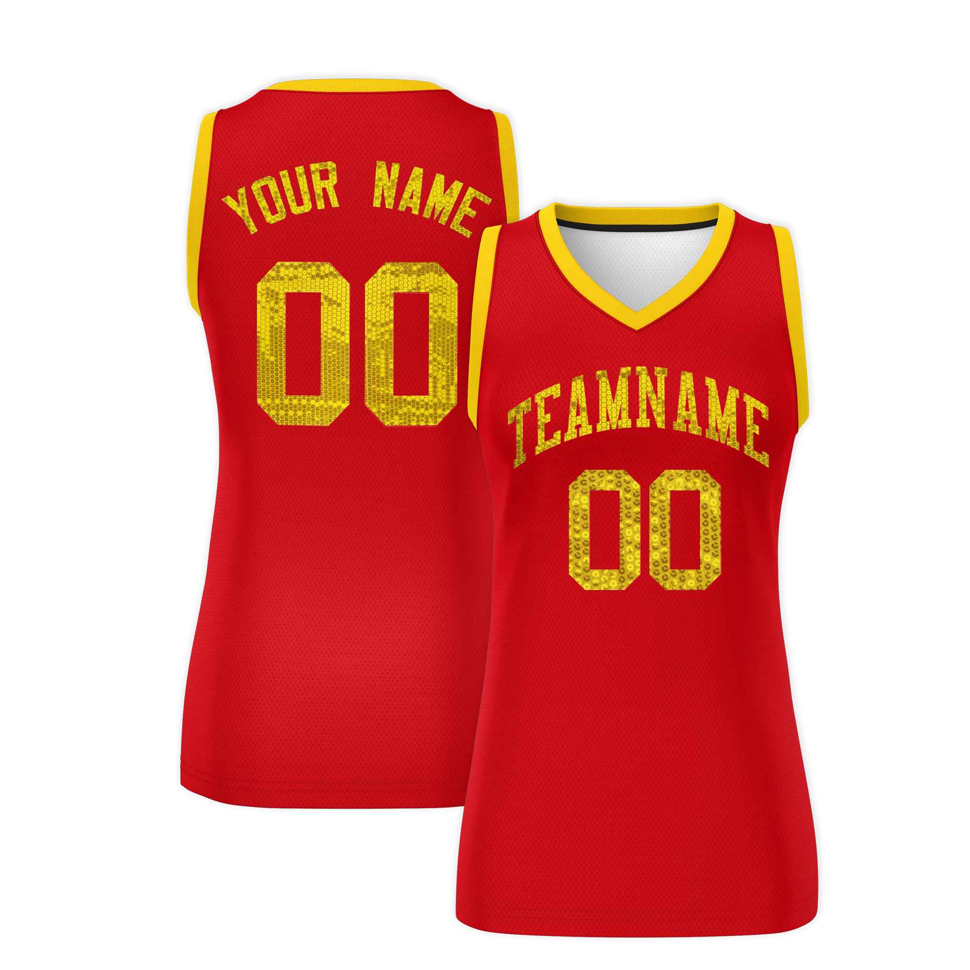 Custom Red Gold Women Basketball Jersey Sequined Dress|KXKSHOP