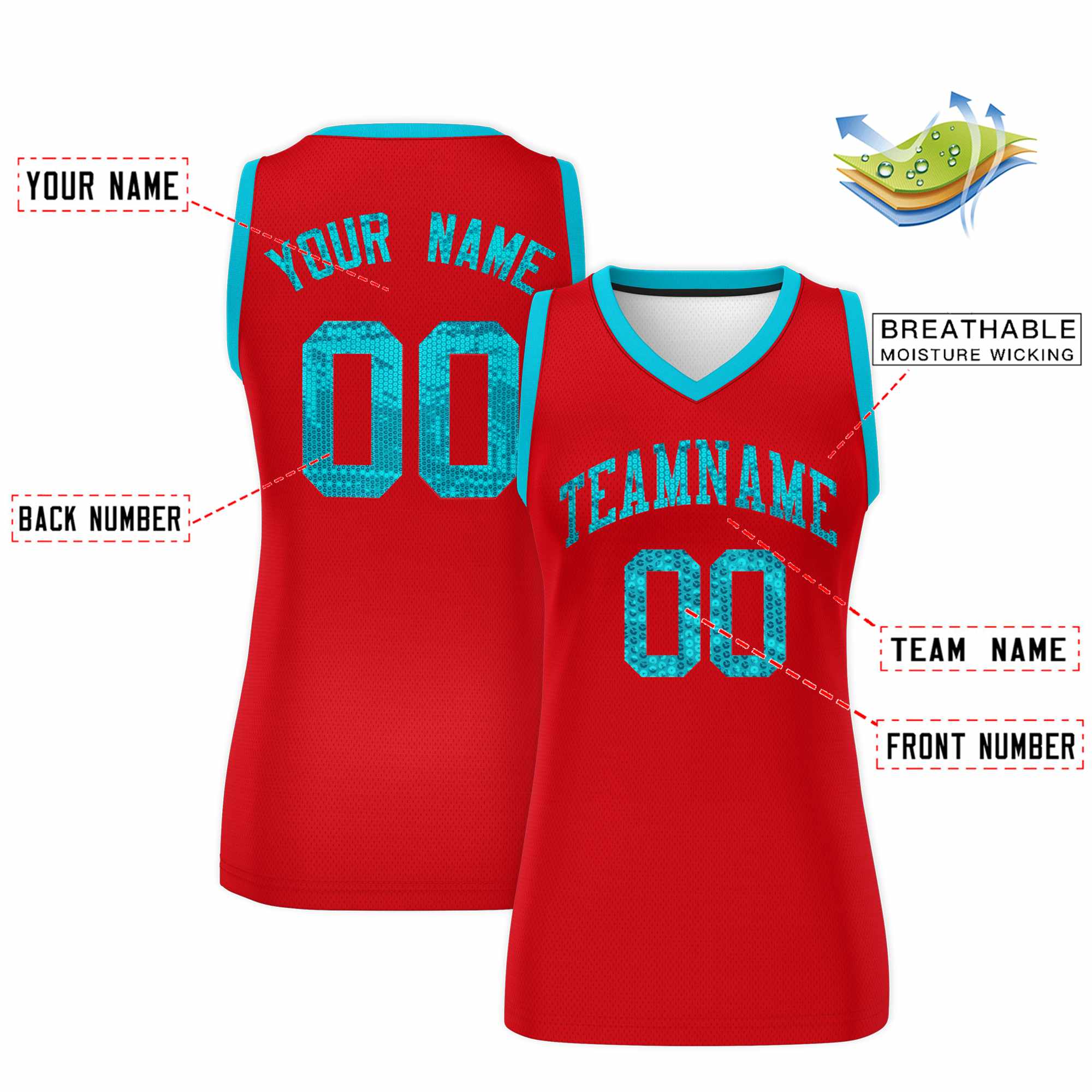 Custom Red Sky Blue Women Basketball Jersey Sequined Dress|KXKSHOP