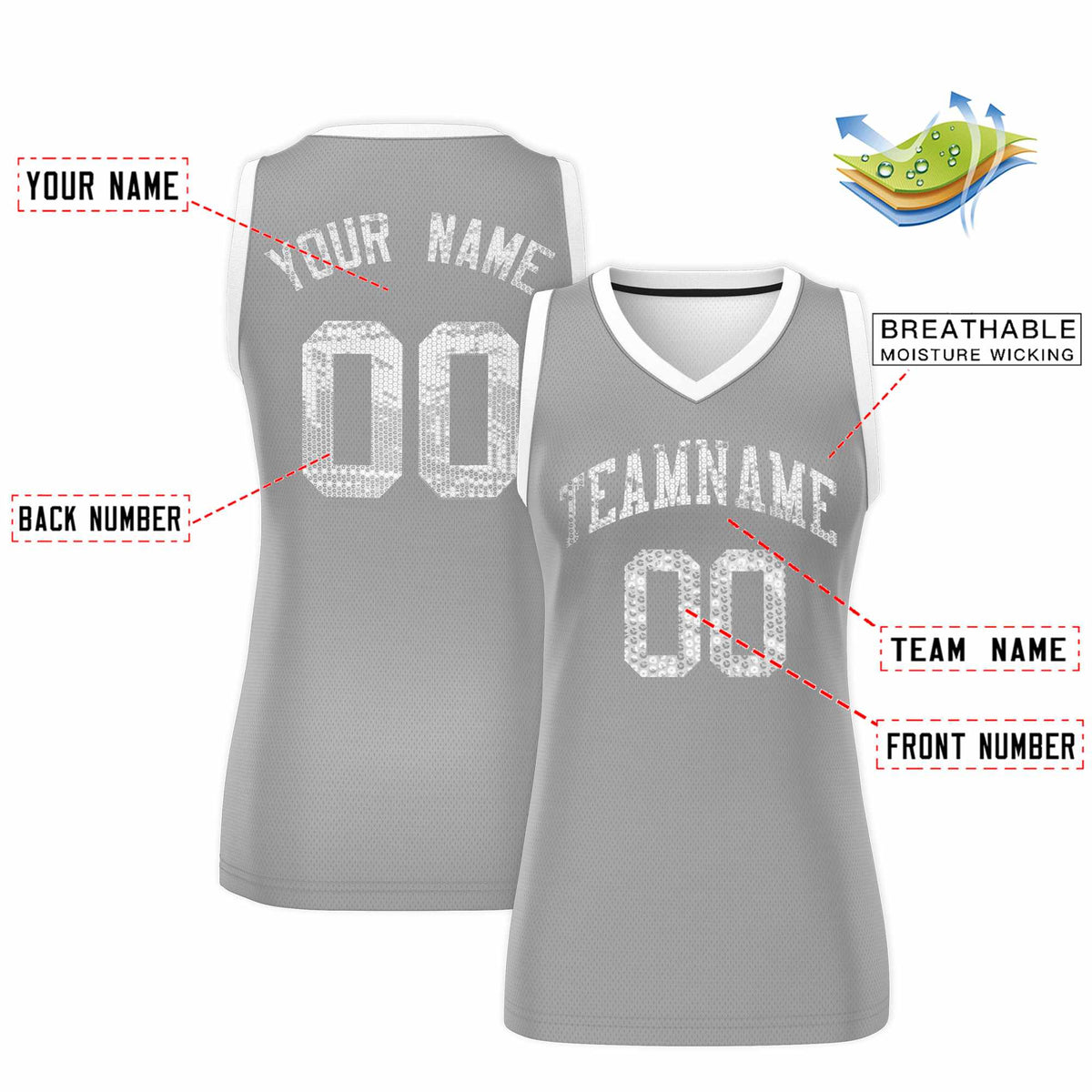 Custom Silver White Women Basketball Jersey Sequined Dress|KXKSHOP