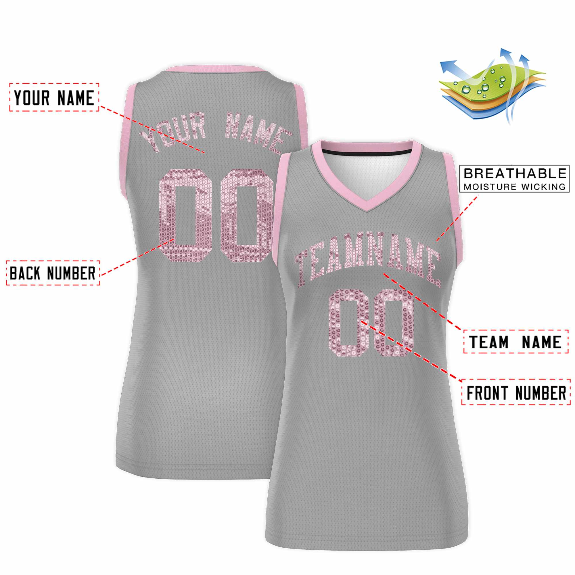 Custom Silver Light Pink Women Basketball Jersey Sequined Dress|KXKSHOP