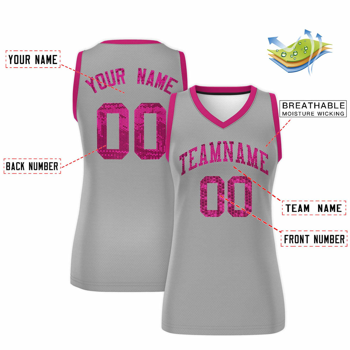 Custom Silver Pink Women Basketball Jersey Sequined Dress|KXKSHOP