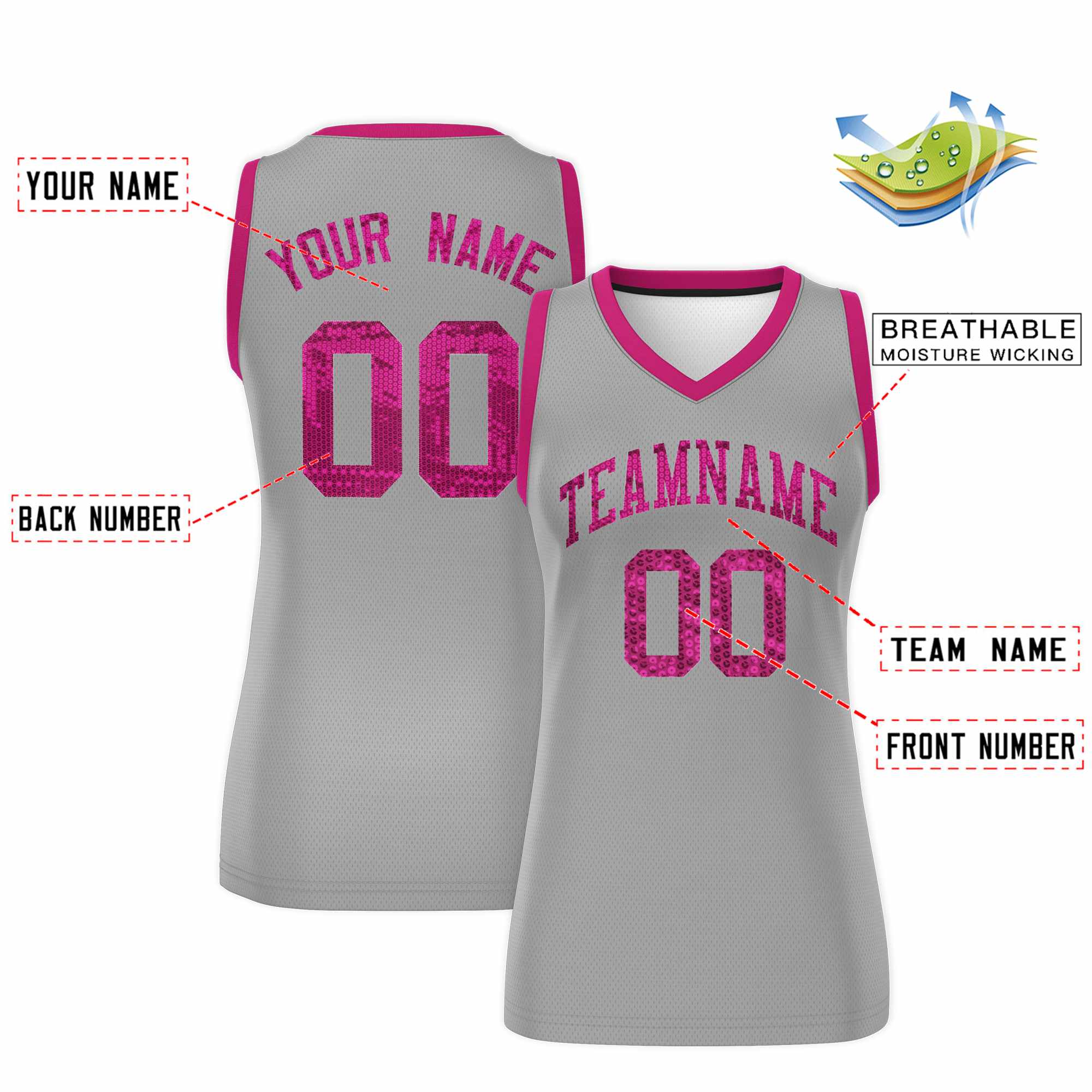 Custom Silver Pink Women Basketball Jersey Sequined Dress|KXKSHOP