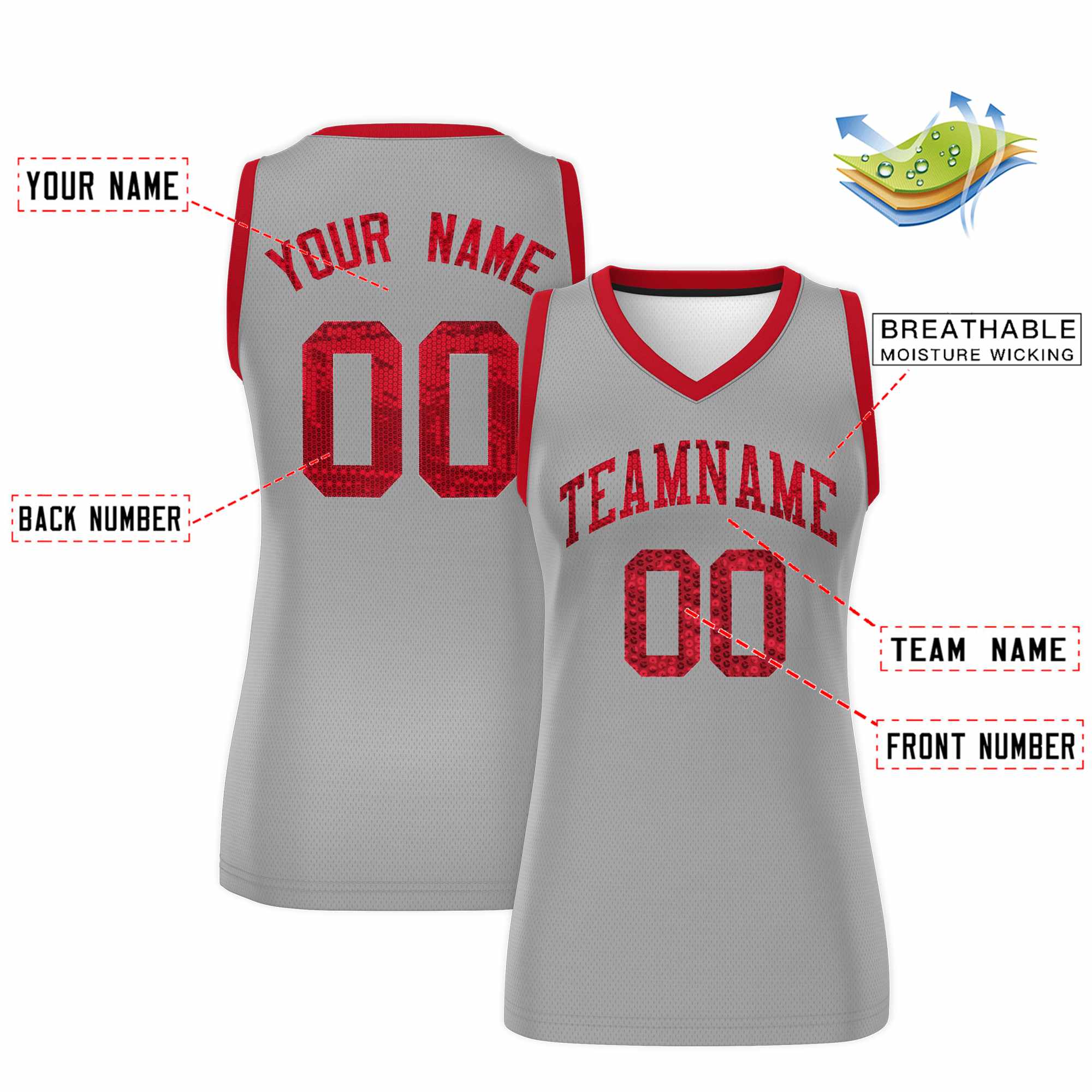 Custom Silver Red Women Basketball Jersey Sequined Dress|KXKSHOP