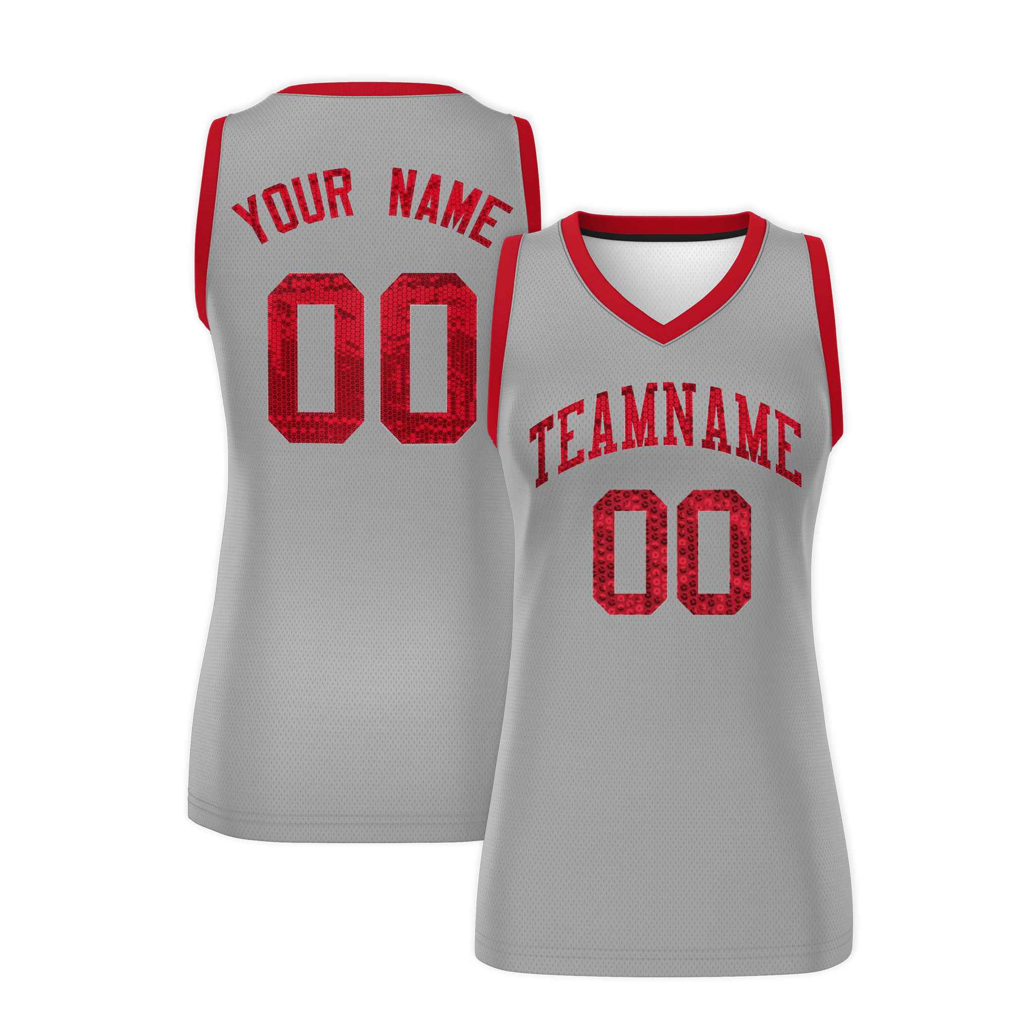 Custom Silver Red Women Basketball Jersey Sequined Dress|KXKSHOP