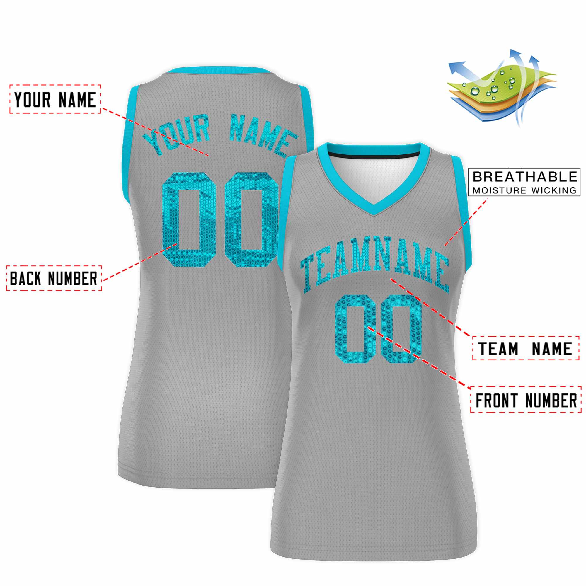 Custom Silver Sky Blue Women Basketball Jersey Sequined Dress|KXKSHOP