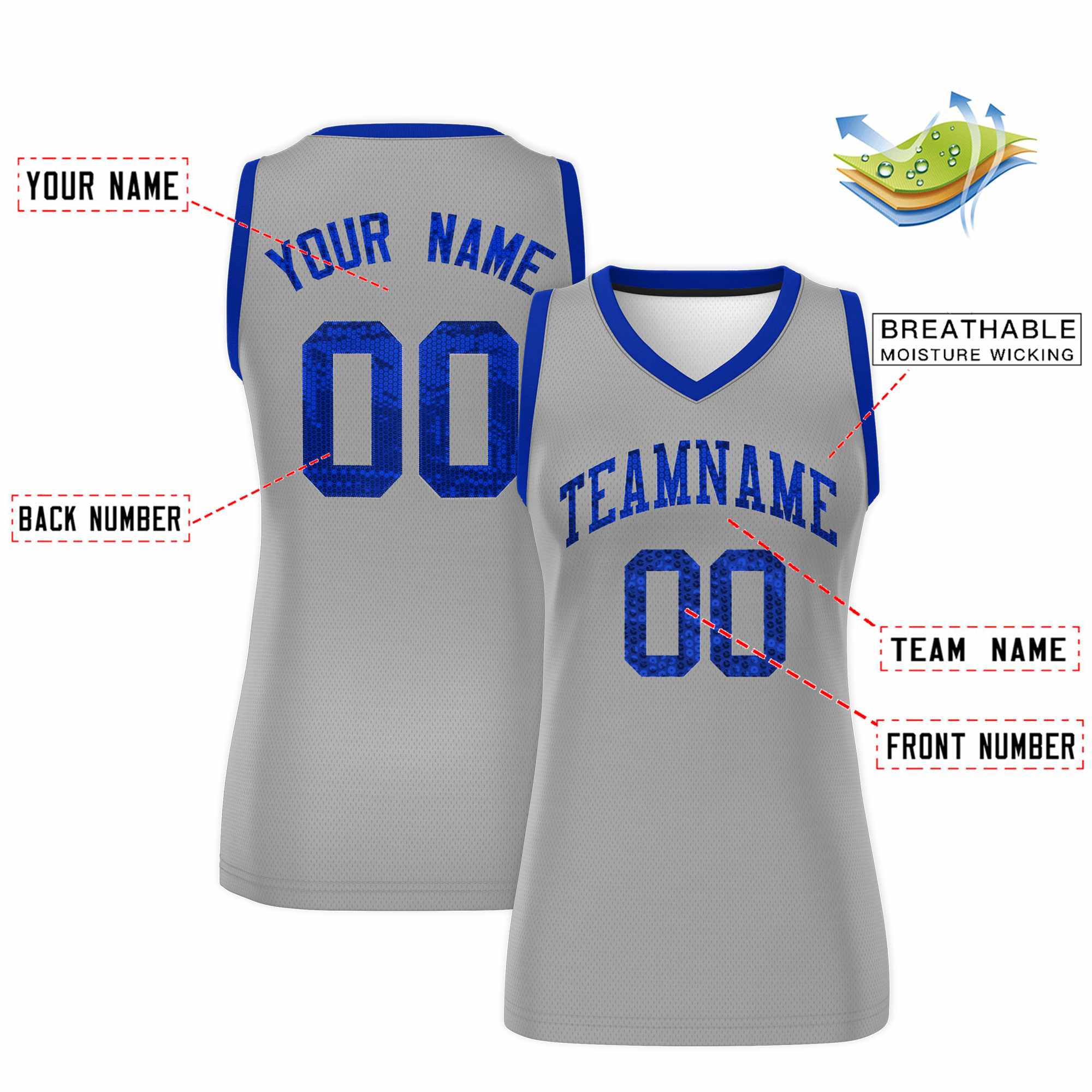 Custom Silver Royal Women Basketball Jersey Sequined Dress|KXKSHOP