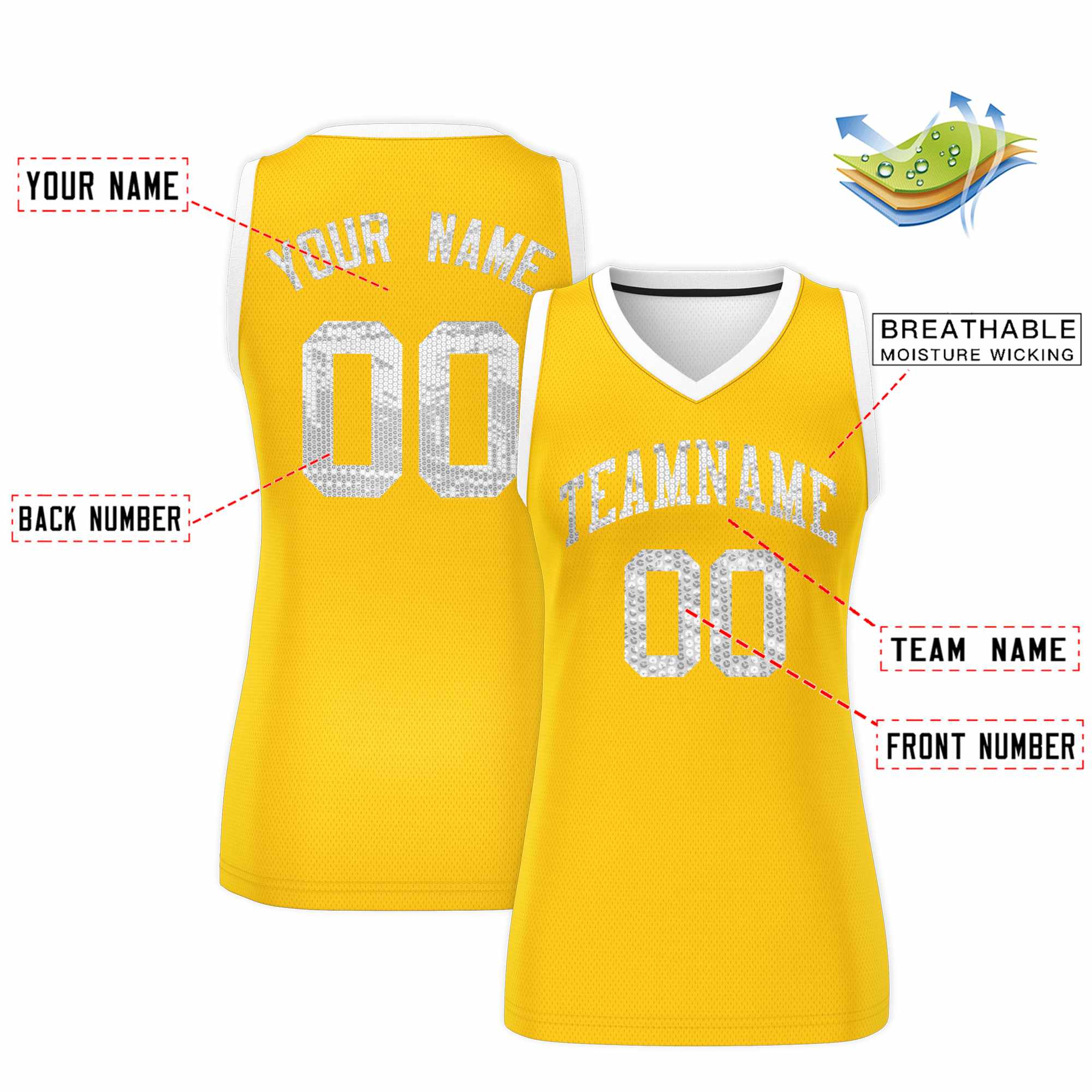 Custom Gold White Women Basketball Jersey Sequined Dress|KXKSHOP